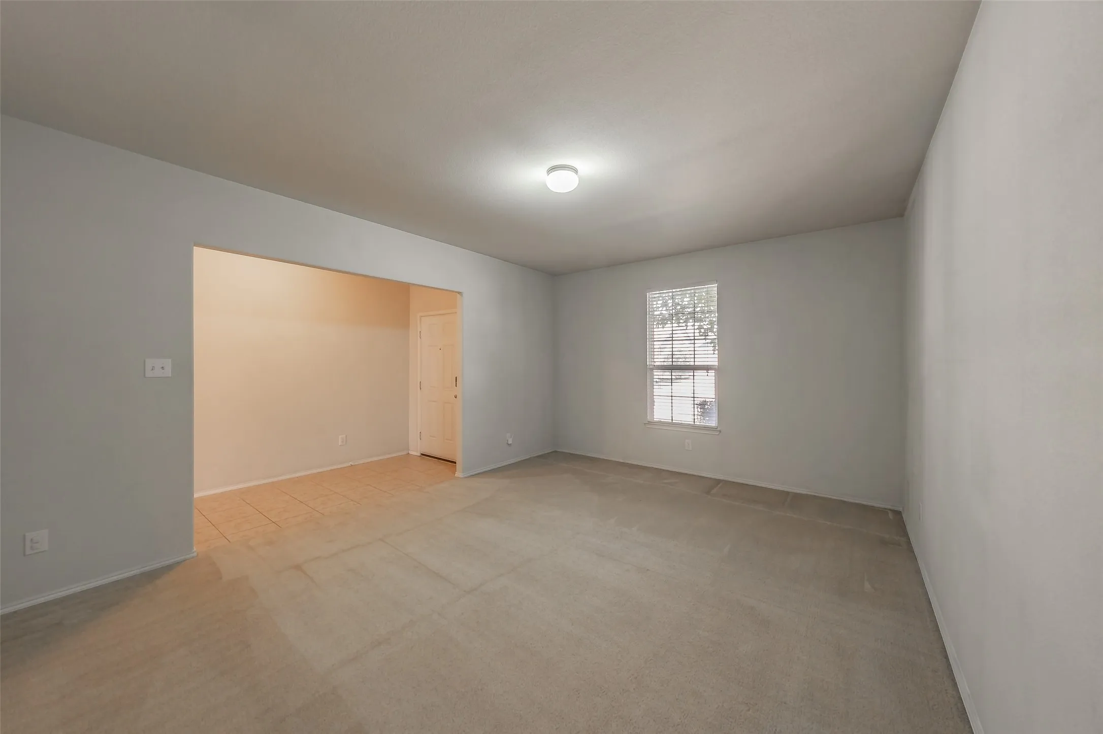 Spacious room with light neutral carpet flooring, a large window, and a ceiling-mounted light fixture