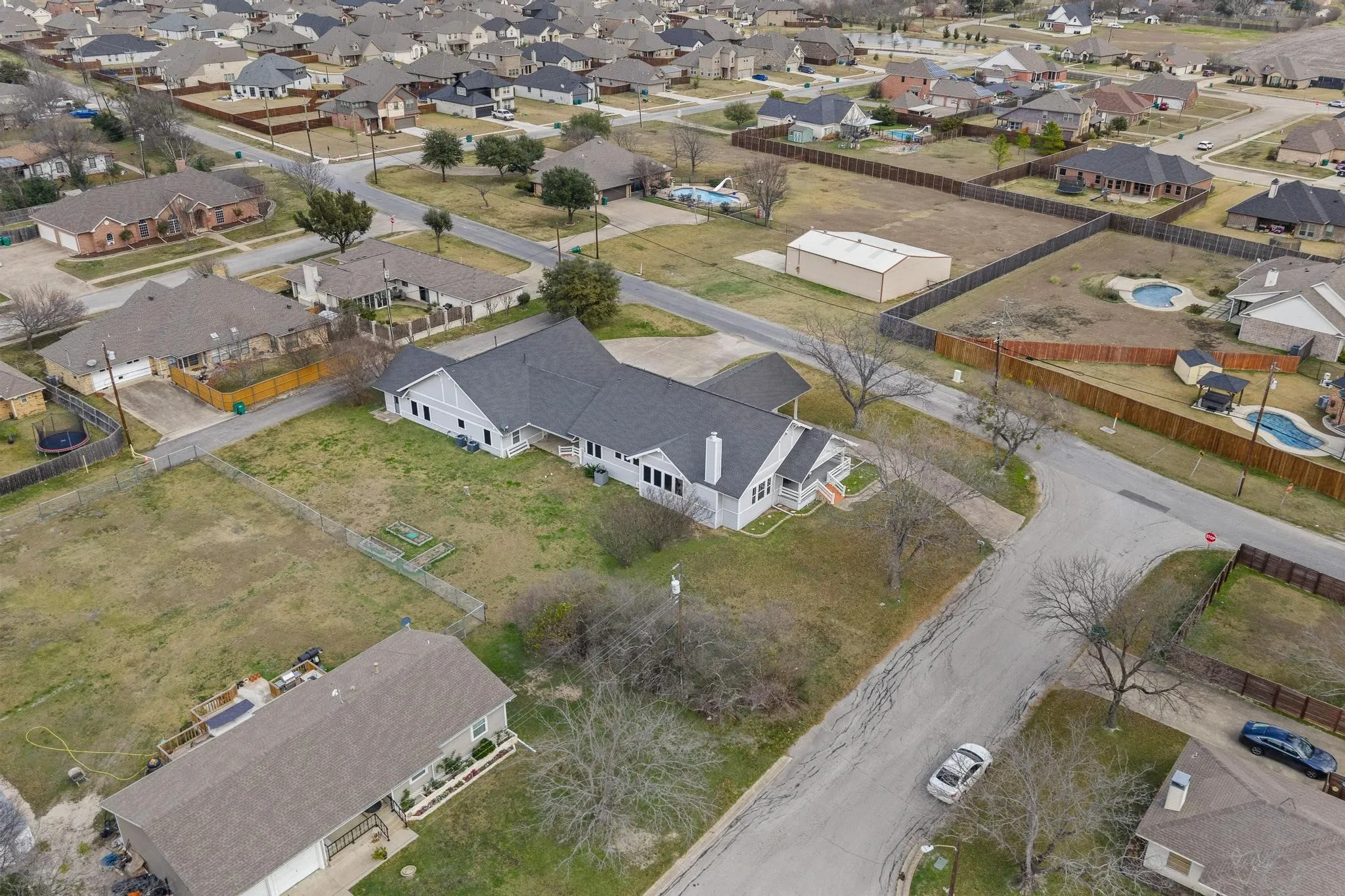 Aerial view of the property - the main home is at the front of the property and the ADU is at the back connected by a breezeway
