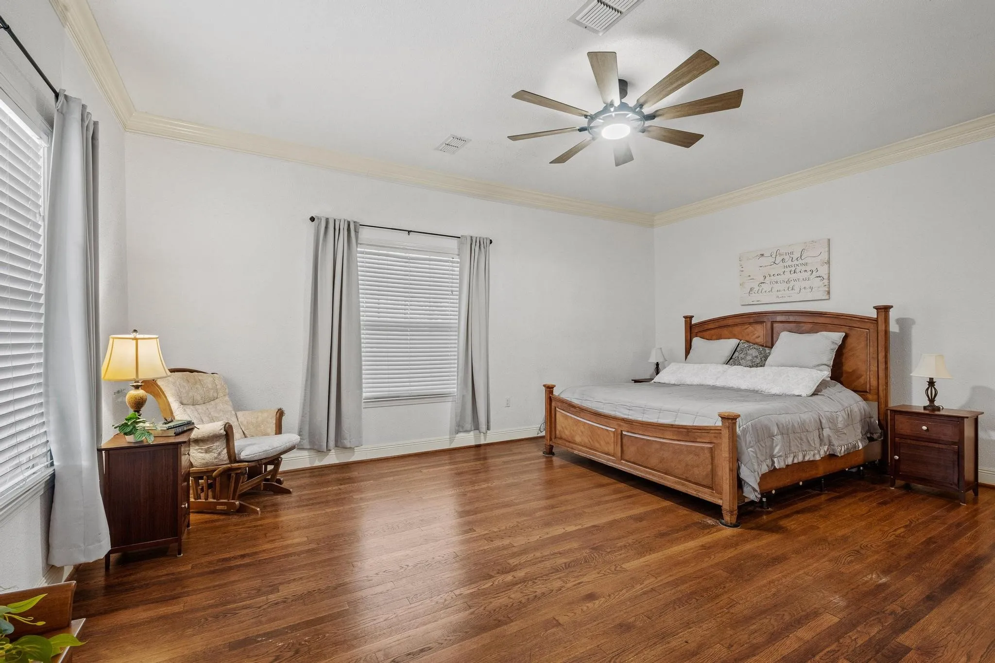 The large primary suite has room for a sitting area