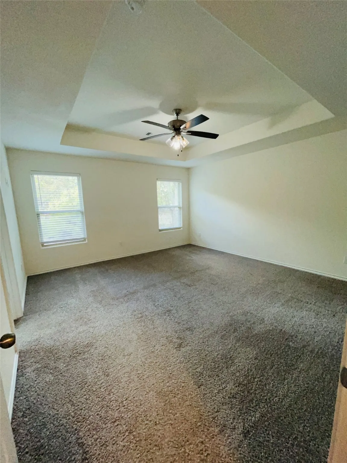 Ensuite featuring a tray ceiling, carpet floors, and a ceiling fan