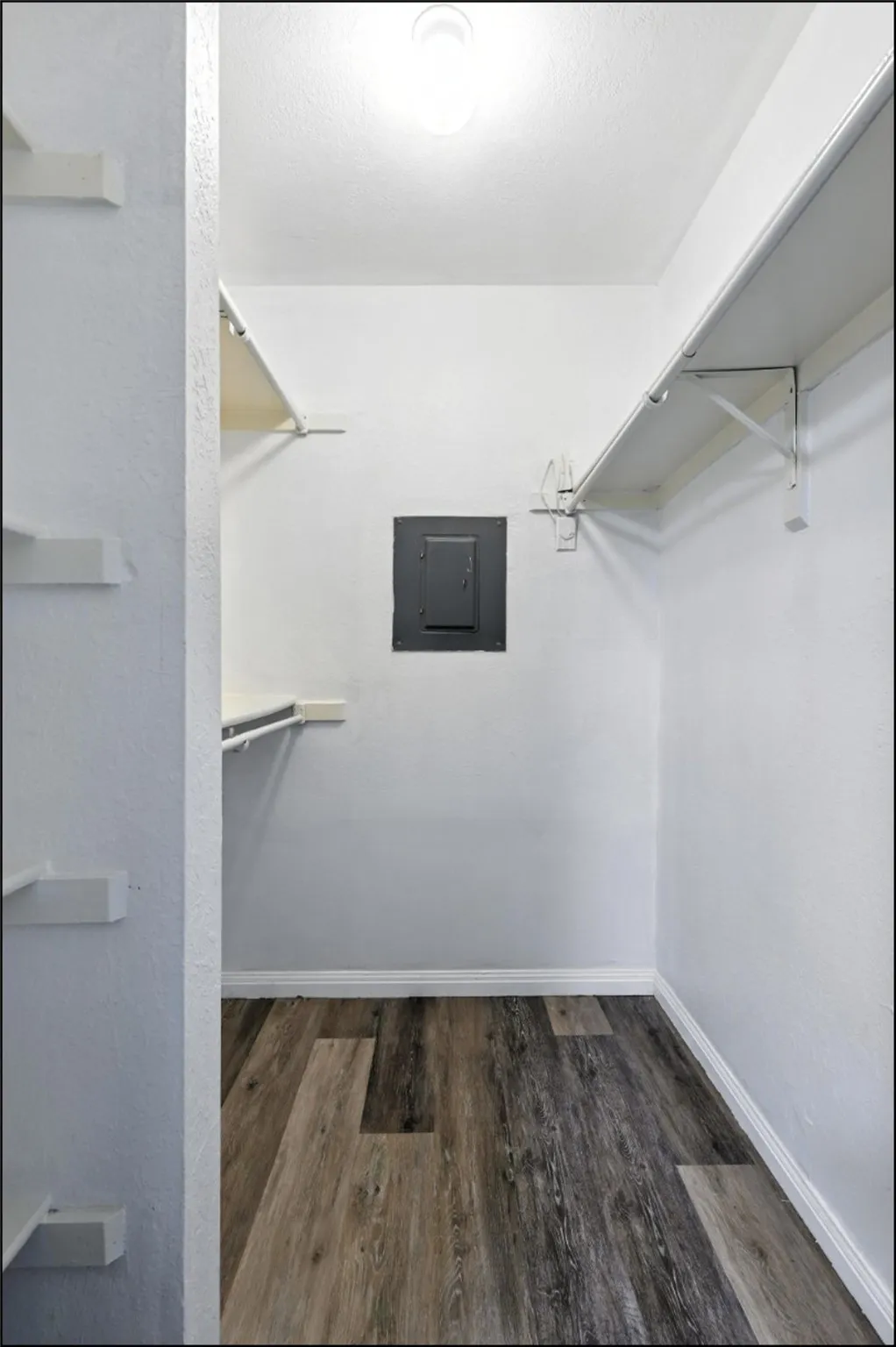 Spacious closet featuring electric panel and dark wood-style flooring