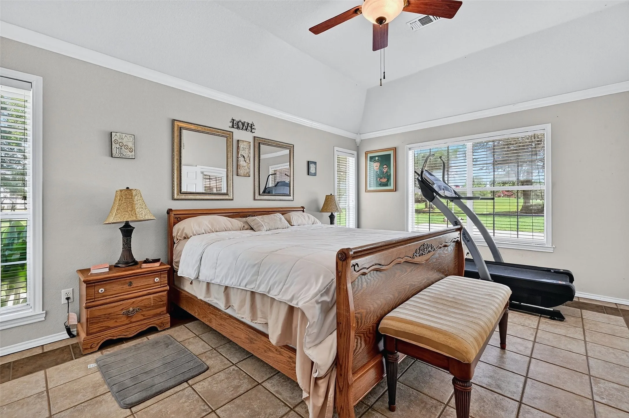 Bedroom with multiple windows, lofted ceiling, a ceiling fan, light tile patterned floors, and ornamental molding