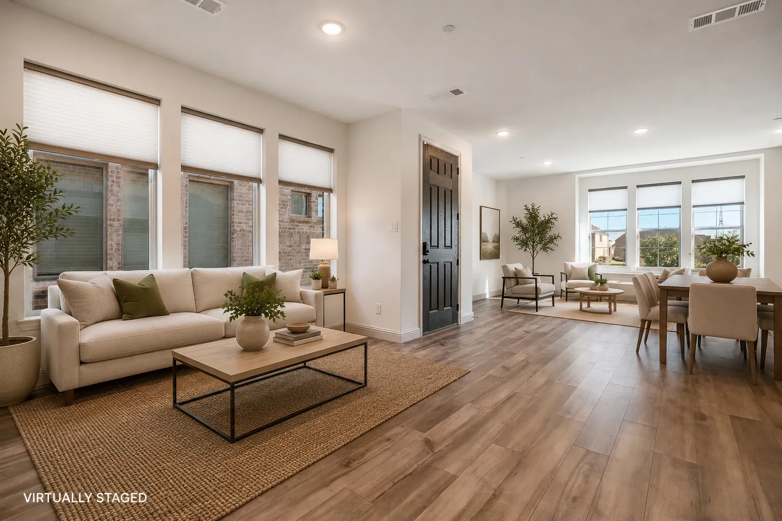 Open-concept living space featuring wood-finish flooring, recessed lighting, and multiple large windows with blinds