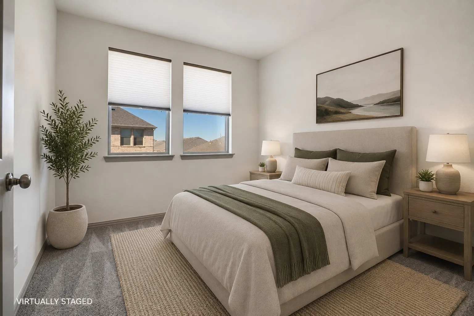 Carpeted bedroom featuring two windows with white blinds, a light-colored upholstered headboard, and neutral wall tones