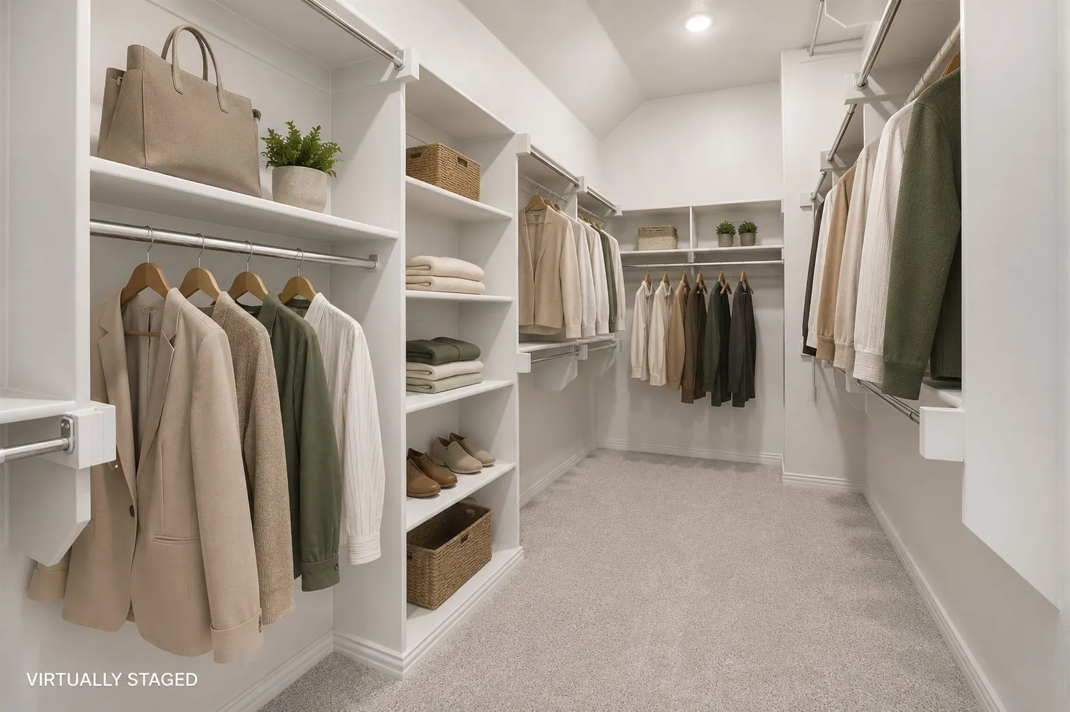 Spacious walk-in closet featuring light-toned carpeting, extensive built-in shelving, multiple hanging rods, recessed ceiling lighting, and white baseboards