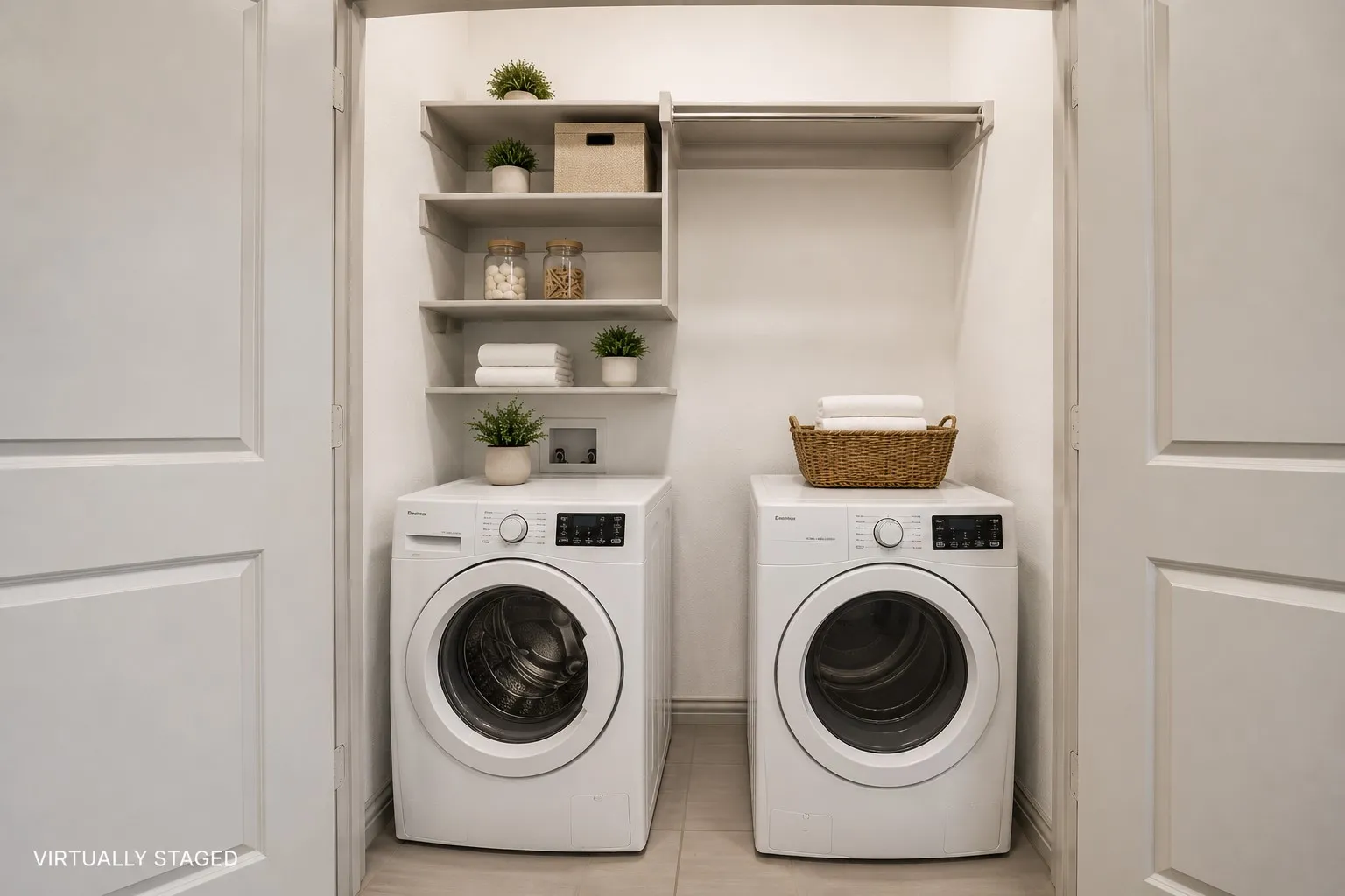 Dedicated laundry area featuring a washer, dryer, built-in shelving, and a clothing rod