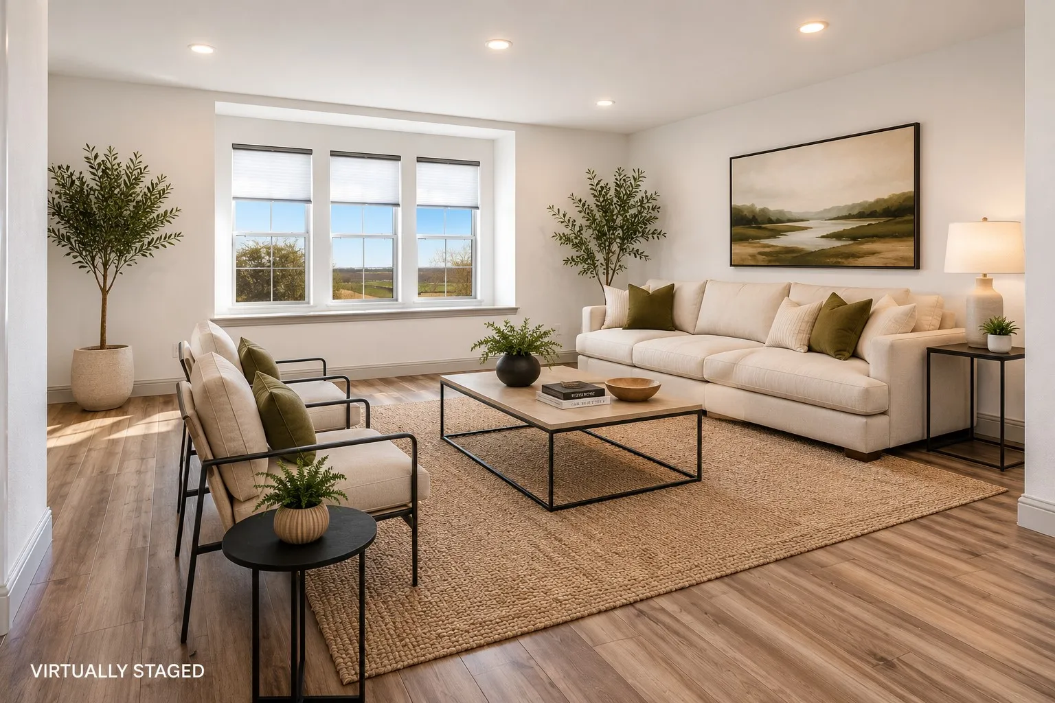 Spacious living area featuring three large windows, recessed lighting, wood-finish flooring, white walls, and a window sill
