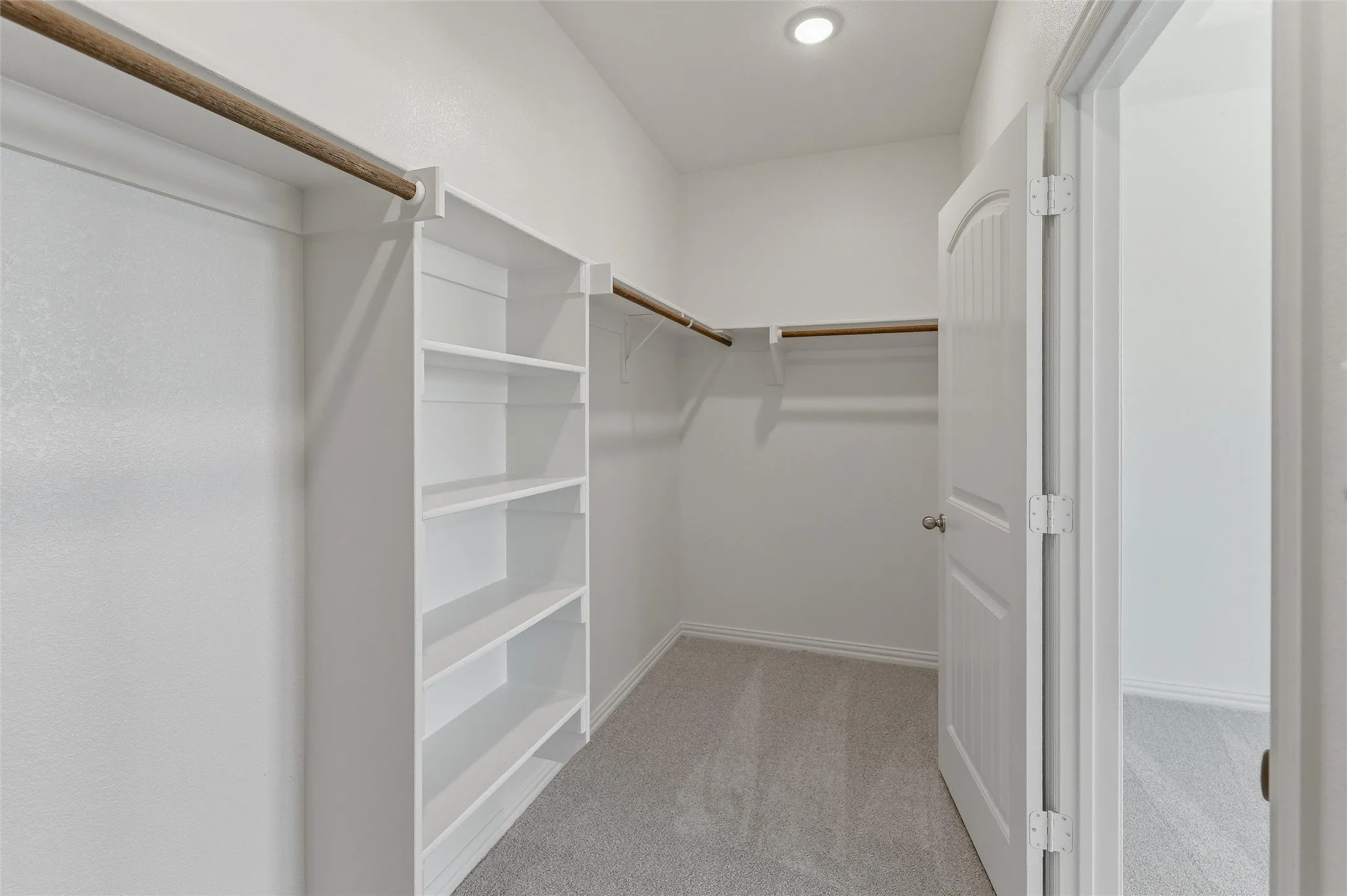 Spacious walk-in closet featuring built-in shelving, dual hanging rods, light gray carpeting, a recessed ceiling light, and a paneled interior door