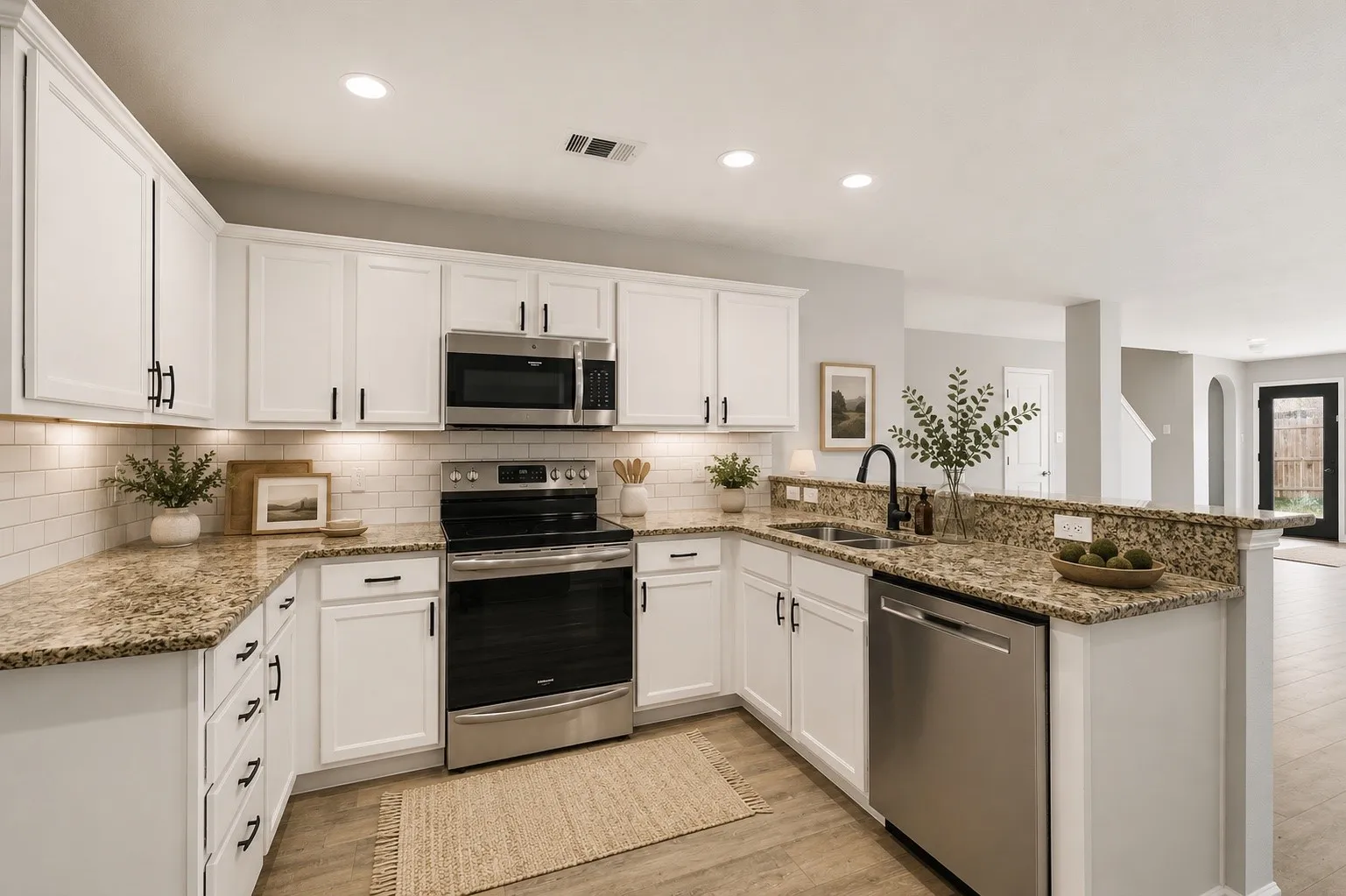 Kitchen featuring appliances with stainless steel finishes, light stone countertops, a peninsula, white cabinetry, and recessed lighting
