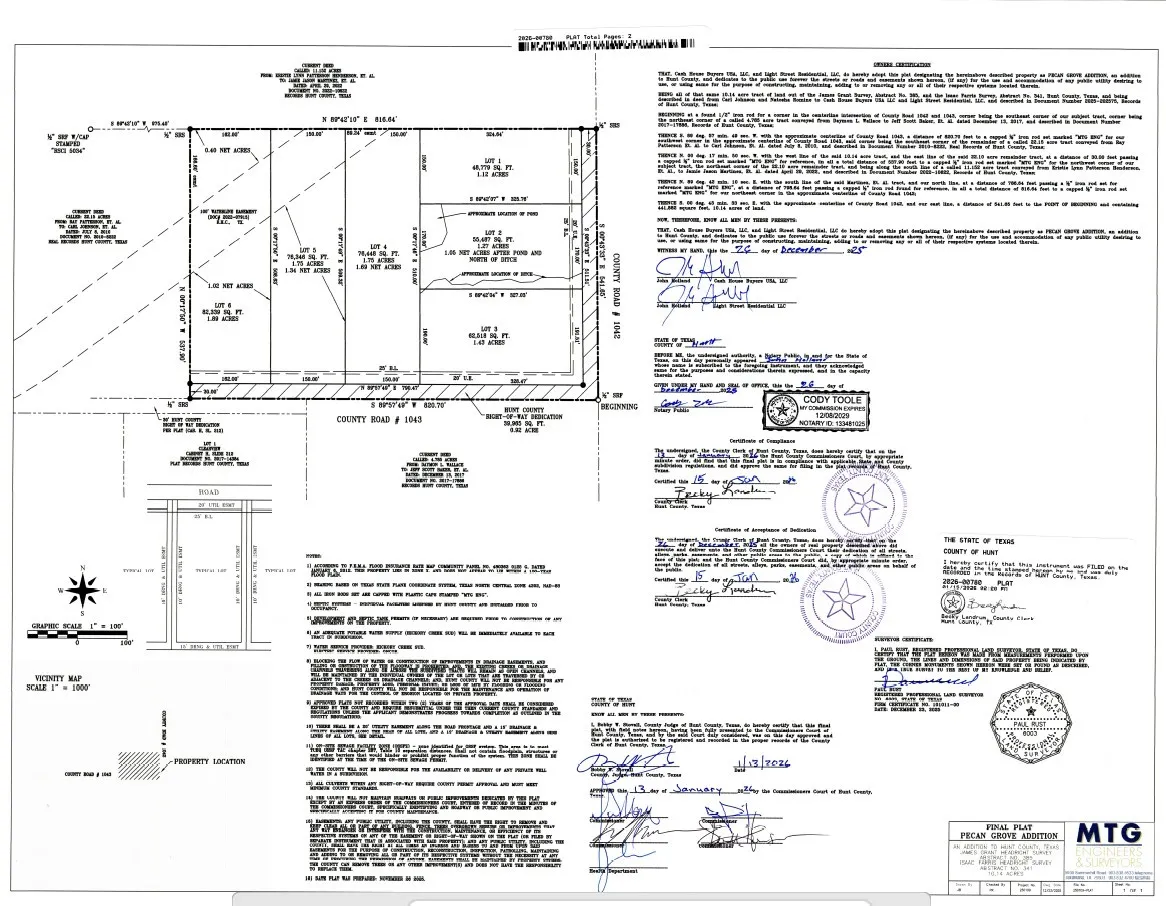 Final Plat. Outlining the division and legal description of the property