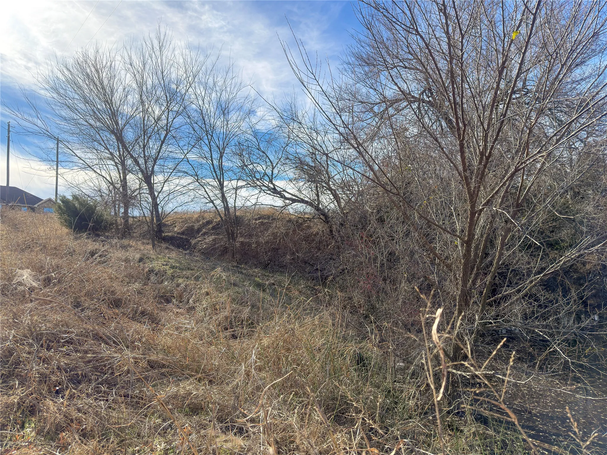 The natural incline here could be an area where steps could be placed to allow an easy walk to the pond/creek. A survey would be able to show easements and if this would be possible.