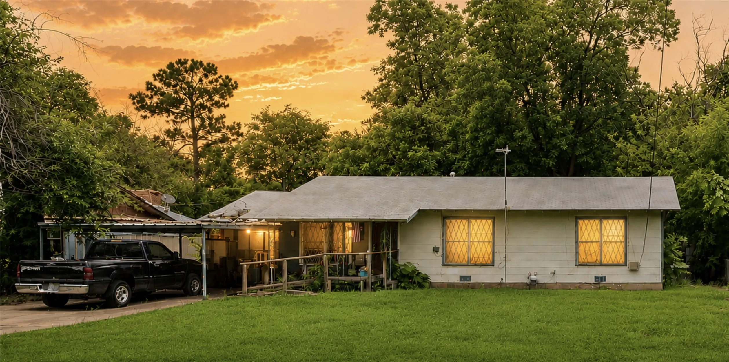 Virtual Sunset Photo. 235 Parkins. 2 of 2 homes included in this listing. Single-story residence featuring a covered front porch with a ramp entry, a paved driveway, and a large front lawn. Single-story residence featuring a carport, front porch with ramp access, and a manicured front lawn