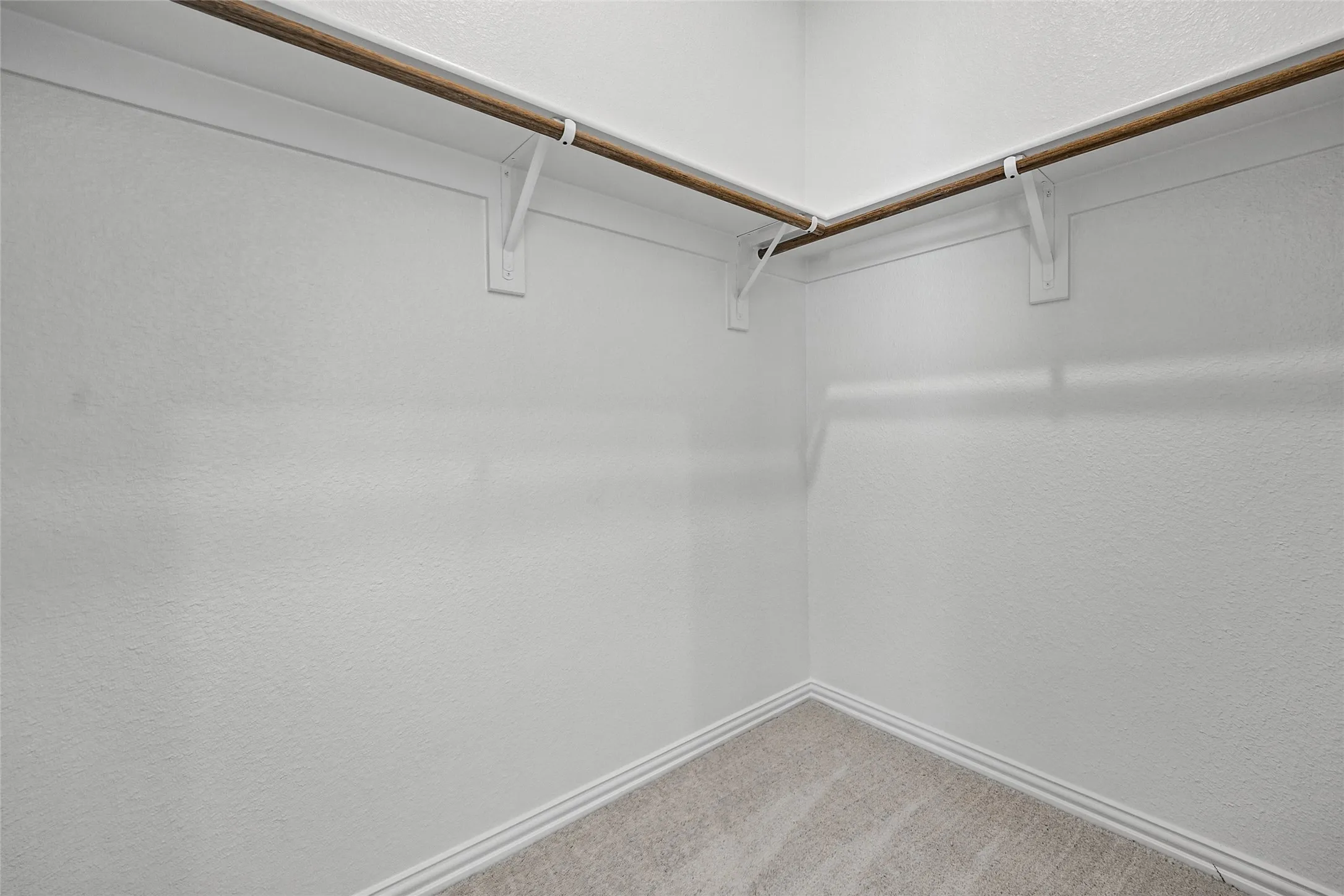 Spacious walk-in closet featuring dual clothing rods, white painted walls, and plank-style flooring throughout