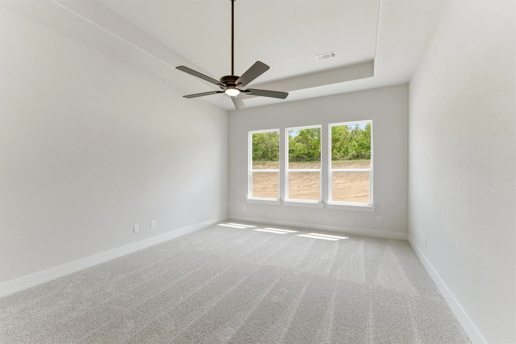 Spare room with light carpet, a tray ceiling, and ceiling fan