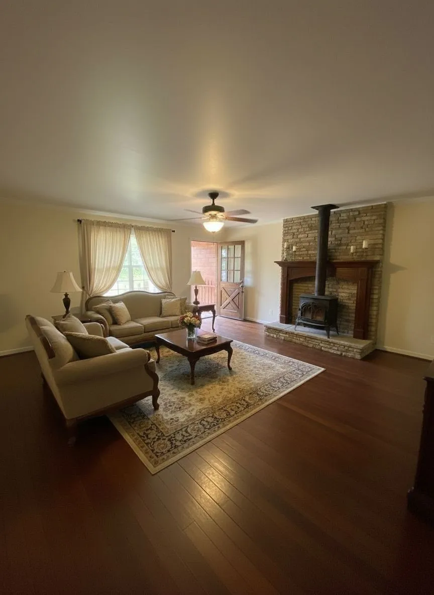 Here is an idea for remodeling living area with a brick wood burning fireplace.
