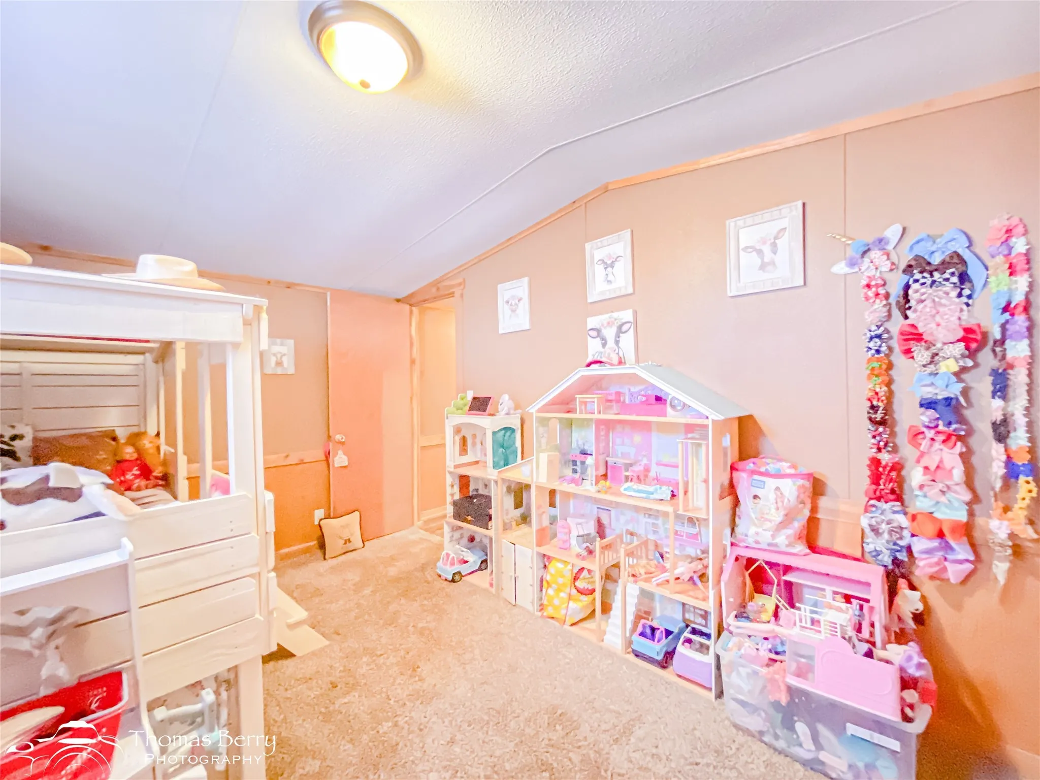 Playroom featuring vaulted ceiling, a textured ceiling, and carpet