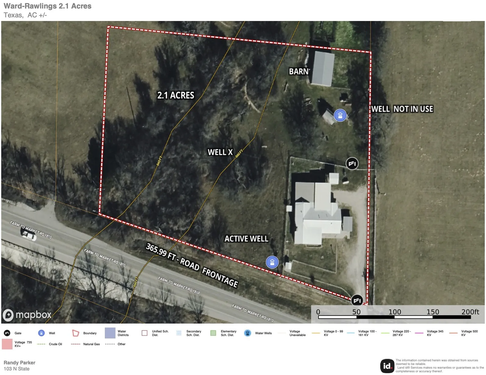 Aerial overview of property's location with property parcel outlined, buildings, well locations.