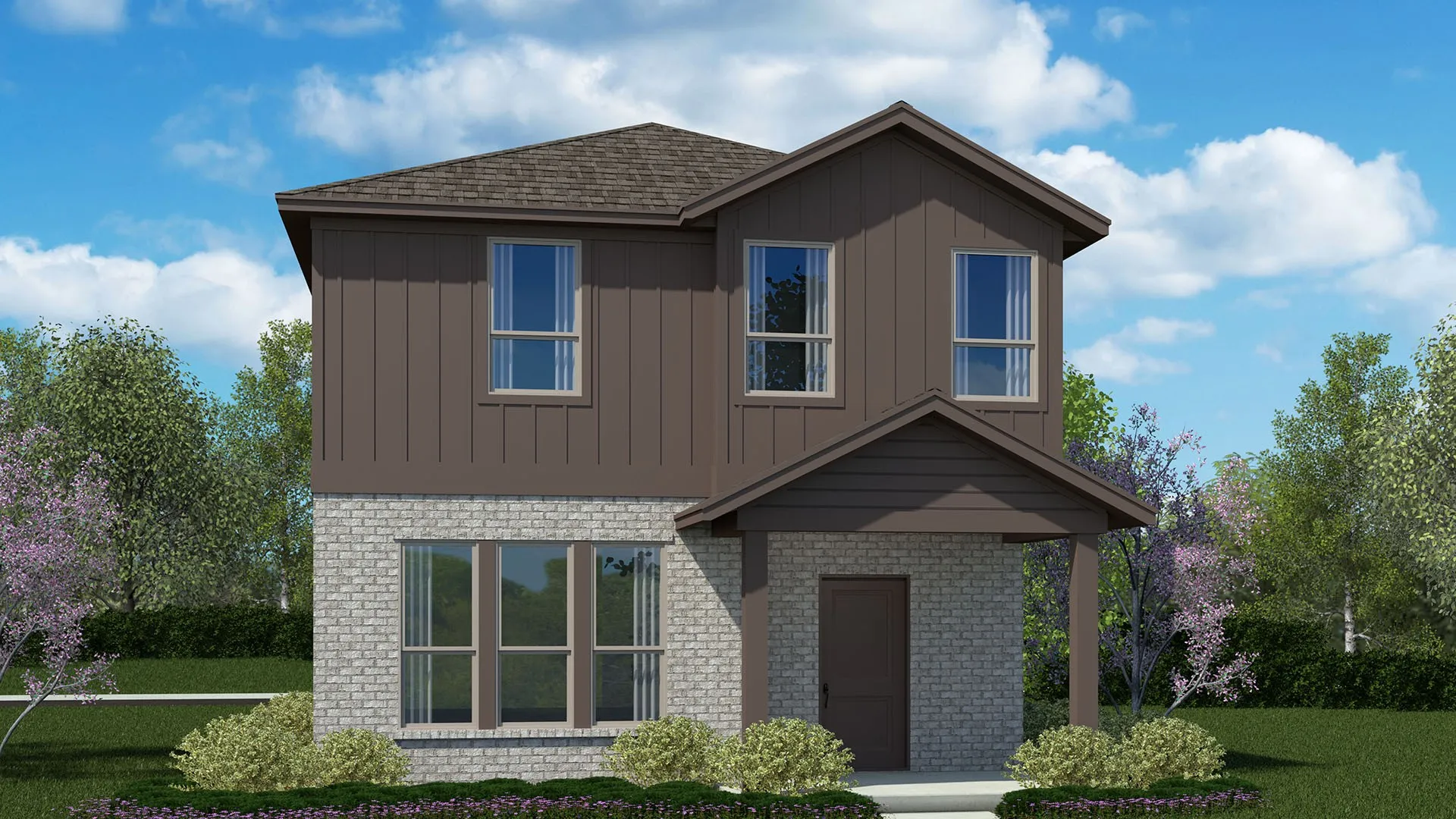 Front Elevation - D.R. Horton's Hazelnut Floorplan Elevation A - All Home and community information, including pricing, included features, terms, availability and amenities, are subject to change at any time without notice or obligation. All Drawings, pictures, photographs, video, square footages, floor plans, elevations, features, colors and sizes are approximate for illustration purposes only and will vary from the homes as built.