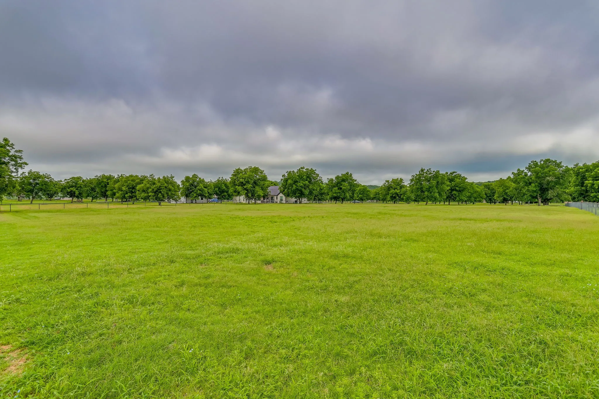 Expansive green space featuring a large grassy field, a line of mature trees along the perimeter, and a distant structure partially visible through the trees