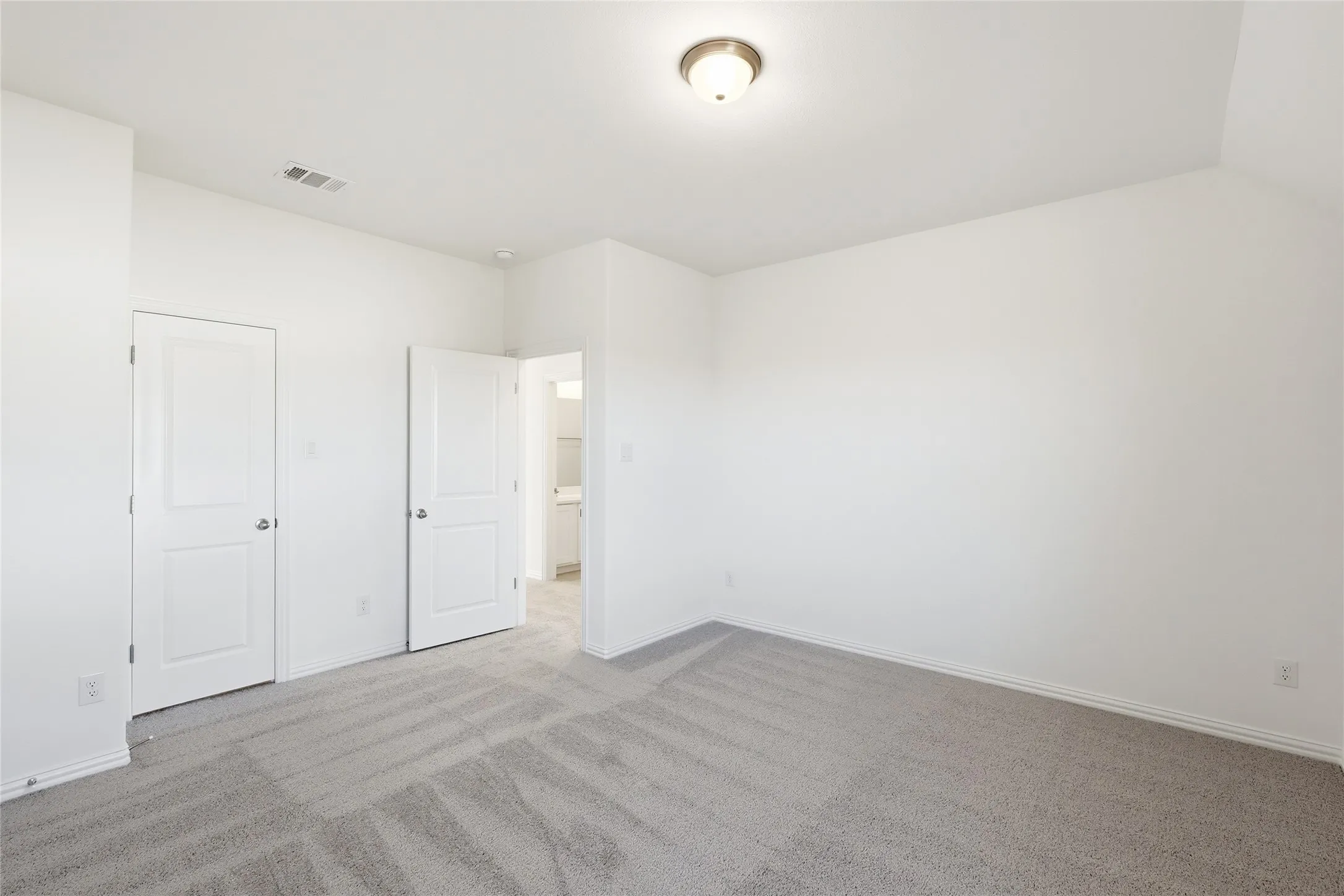 Spacious room featuring neutral carpeting, white baseboards, and two paneled doors