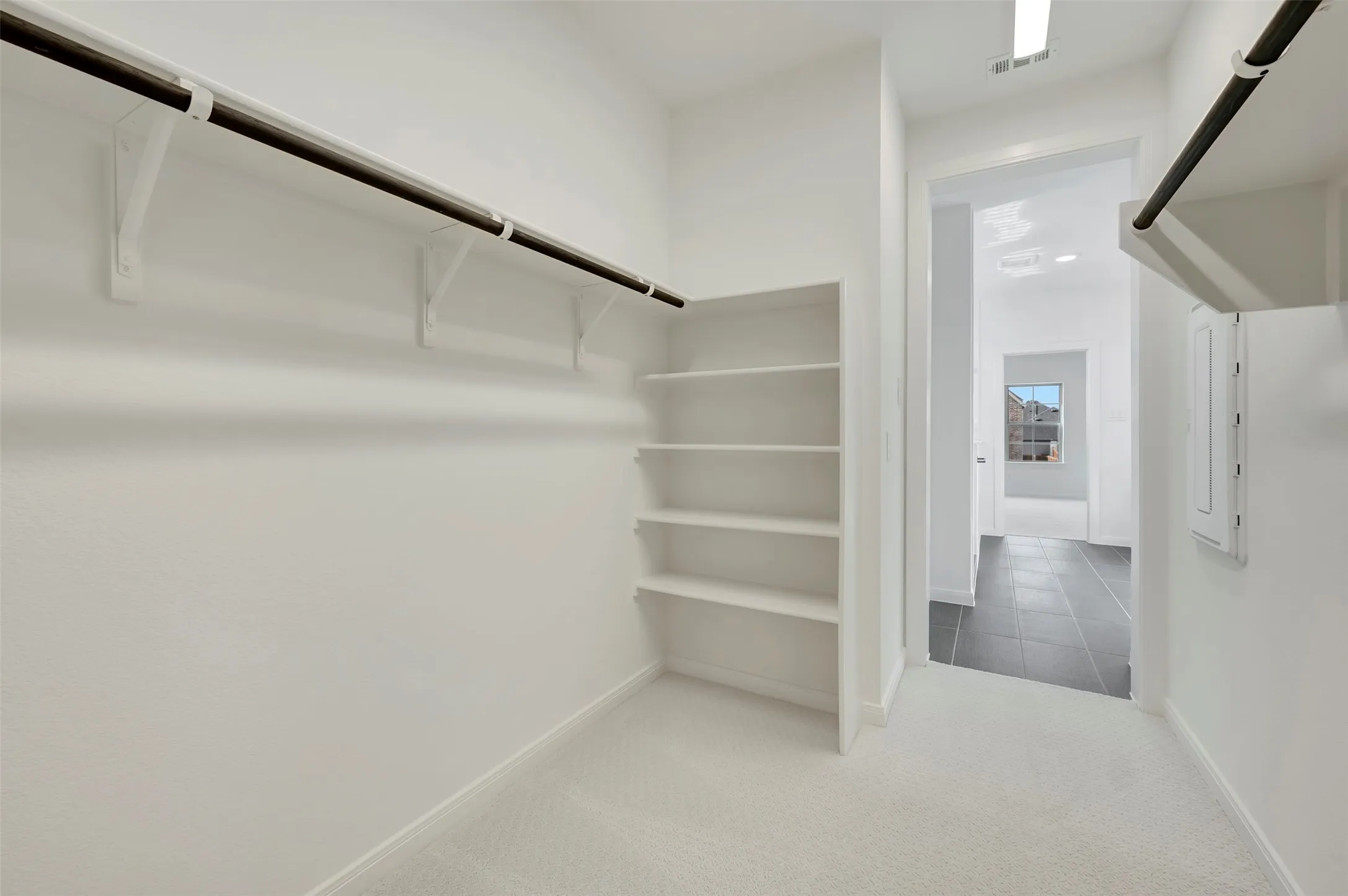 Walk in closet featuring light colored carpet
