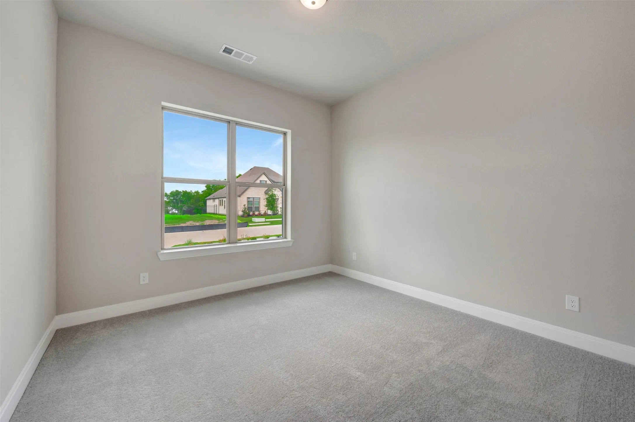 Neutral-toned room featuring a large window, light gray carpeting, crisp white baseboards, and a ceiling light fixture