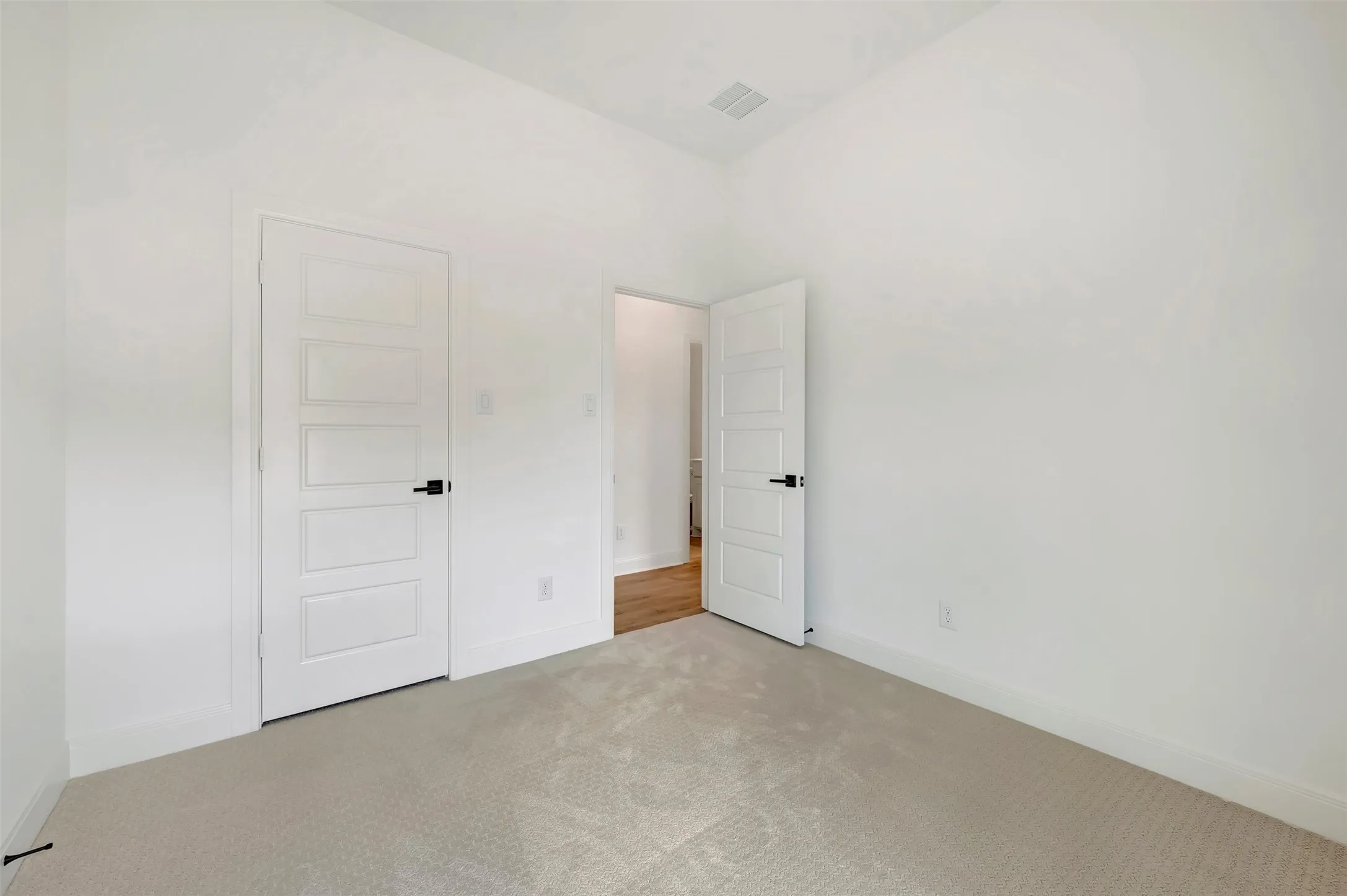 Neutral toned carpeted room featuring white walls, white trim, and two white paneled doors with matte black hardware