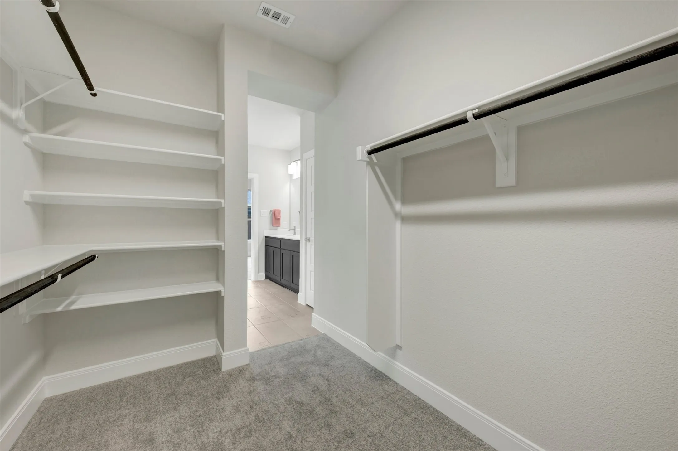Spacious closet featuring built-in shelving, hanging rods, and light gray carpeting