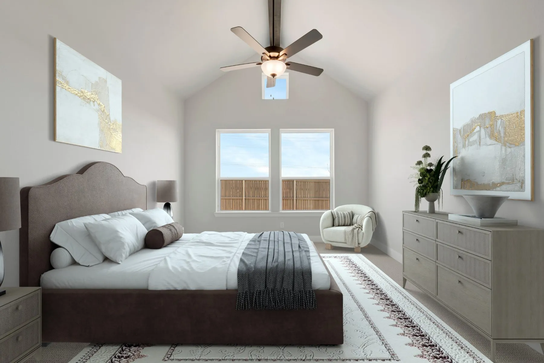 Bedroom featuring beam ceiling and a ceiling fan