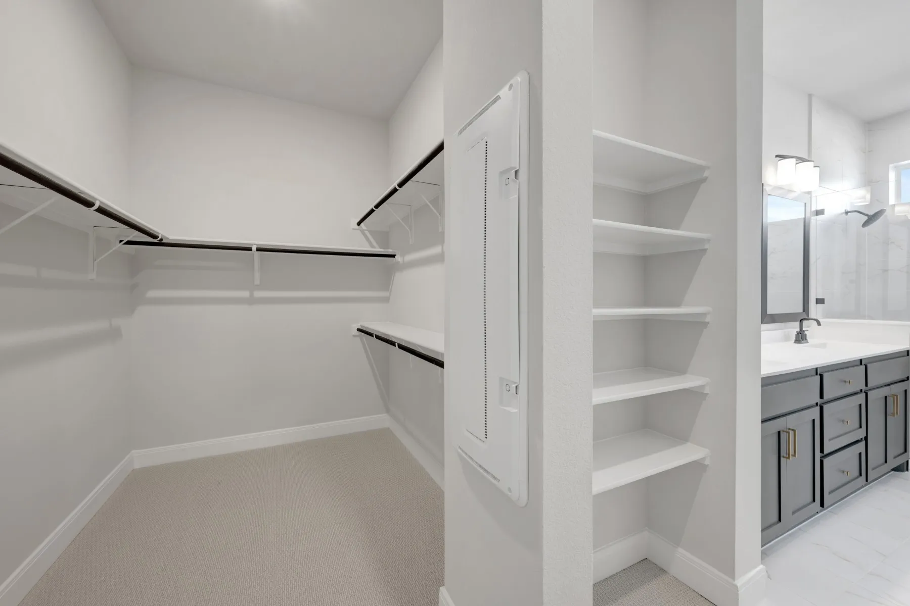 Walk in closet with light colored carpet and a sink