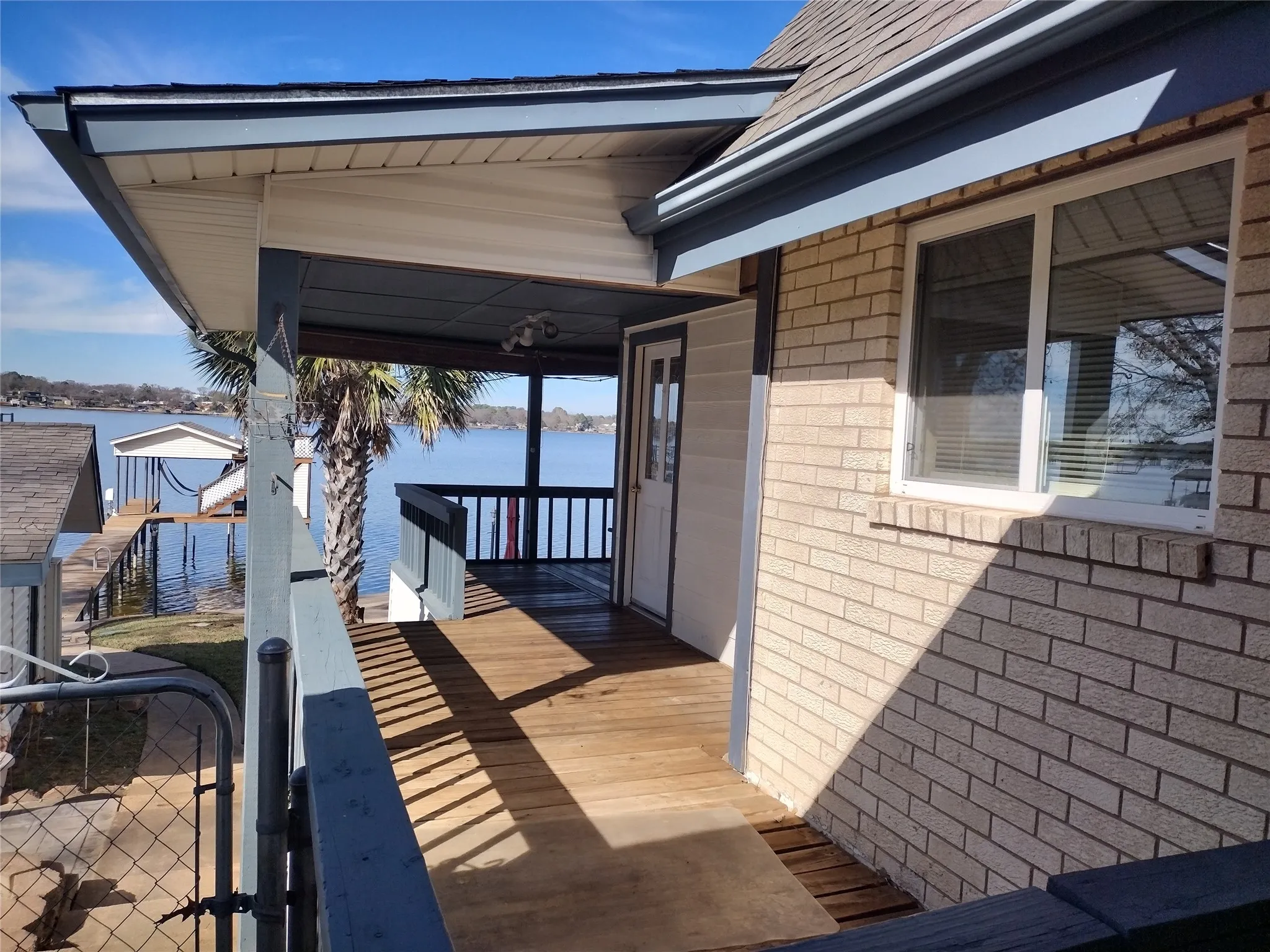 Wooden deck with a water view