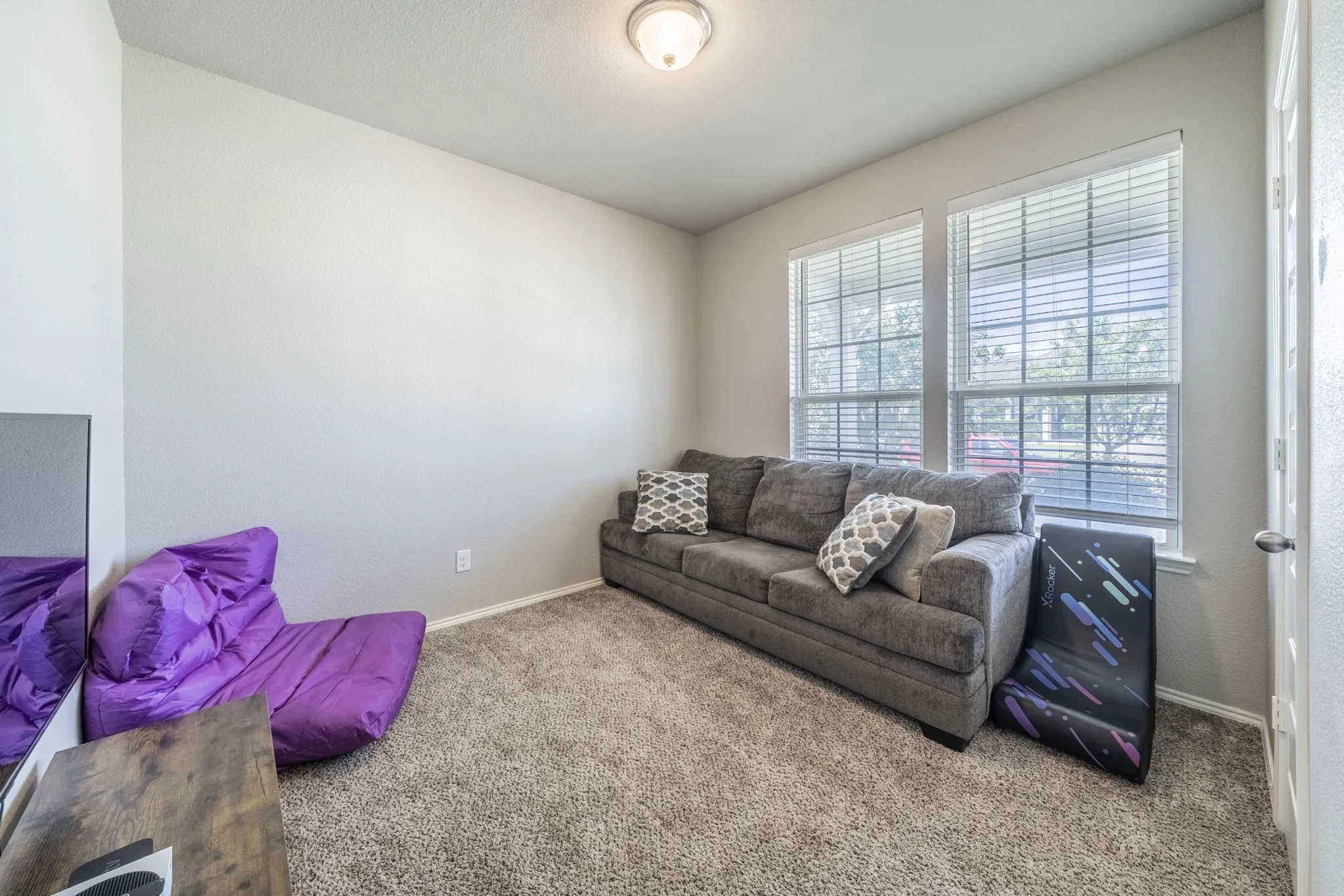 Living area featuring carpet floors and baseboards