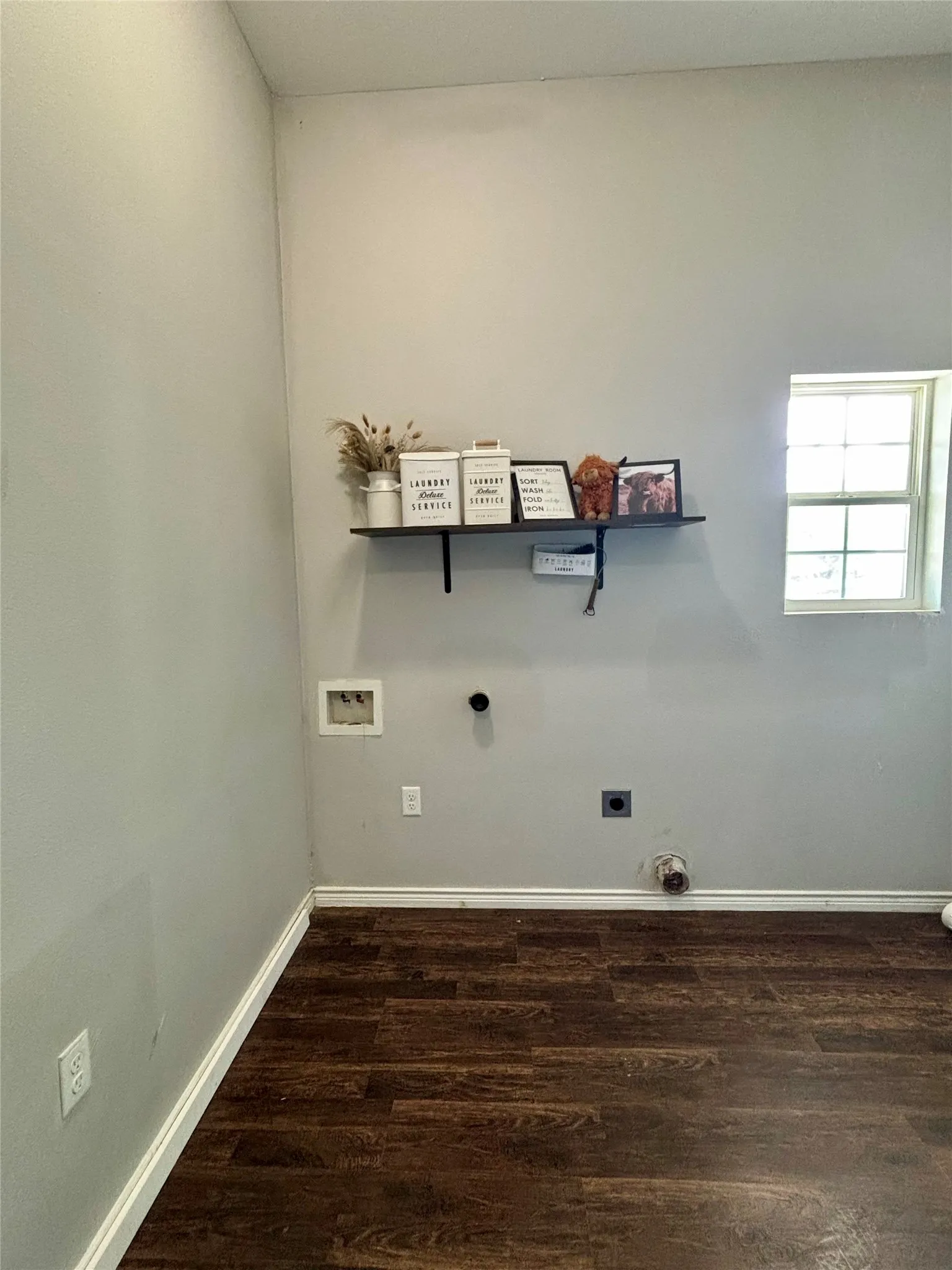 Dedicated utility area with wood-finish flooring, light grey walls, and a multi-pane window
