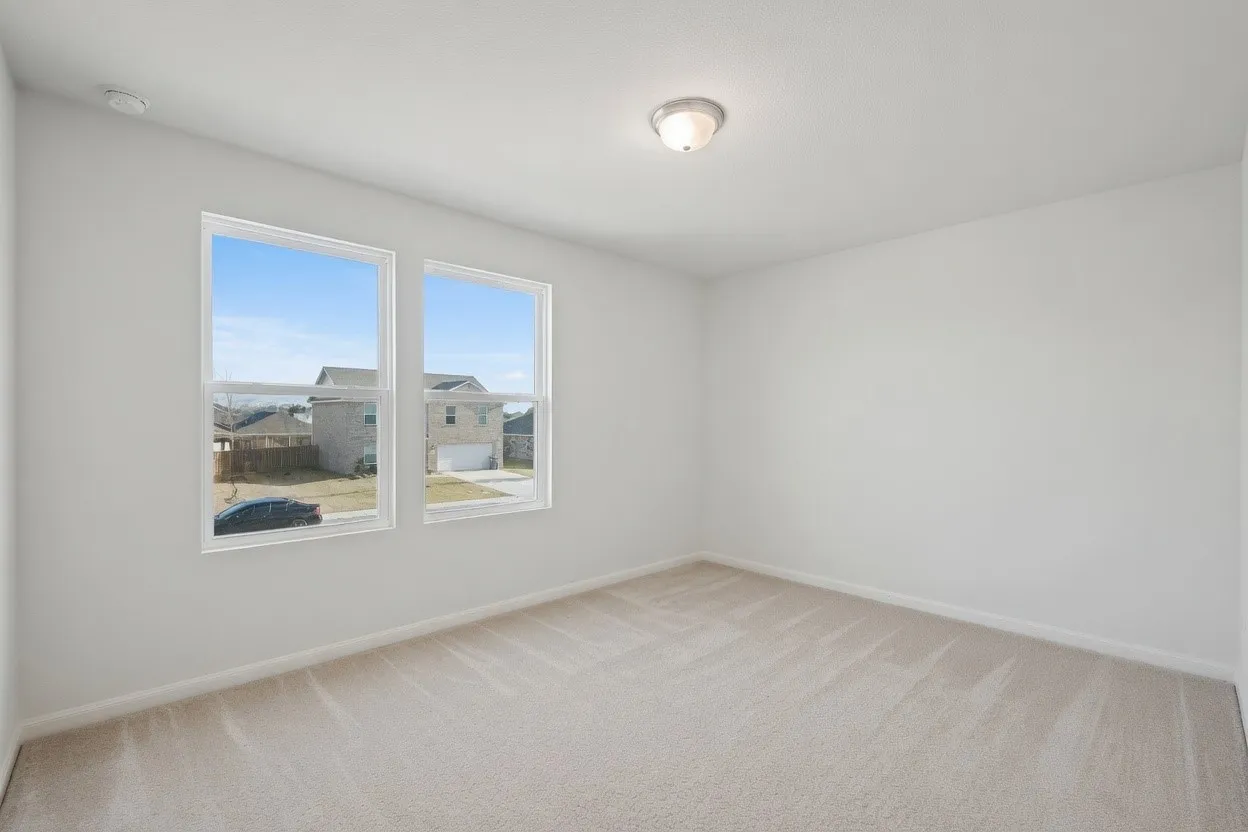 Neutral tone wall paint, neutral tone carpeting, two large windows, flush mount ceiling light fixture