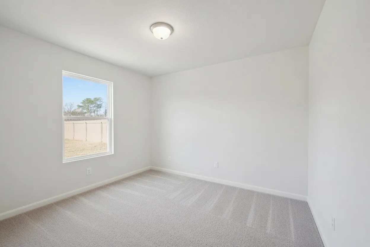Neutral interior walls with a single window, overhead flush mount lighting, and carpeted flooring