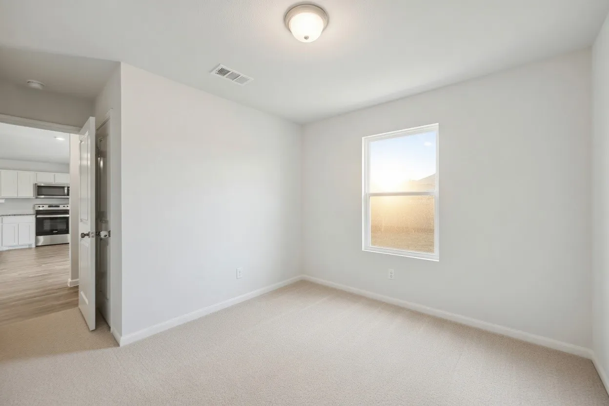 Bedroom with carpeting, light neutral wall color, single window pain