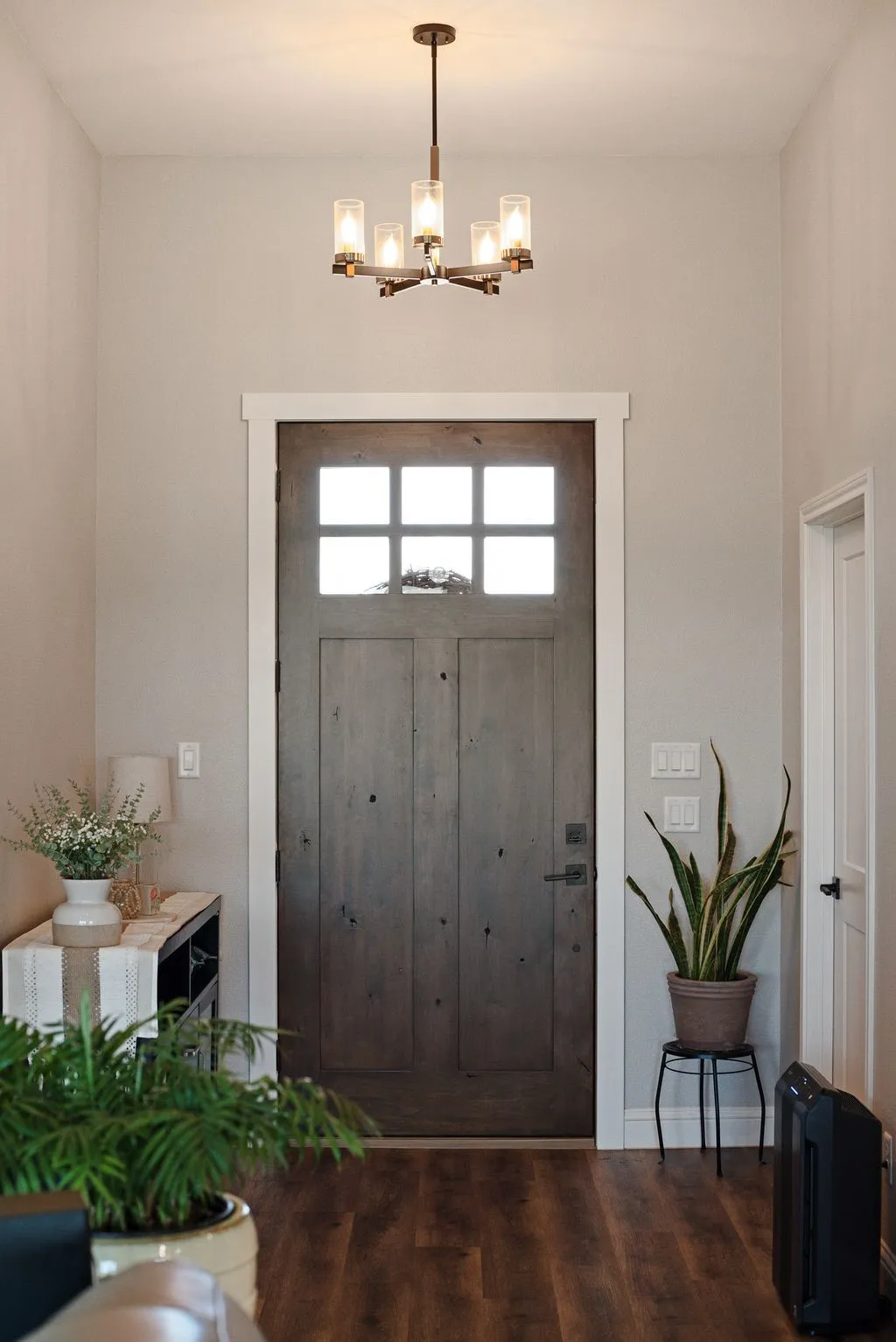 Vaulted ceiling with a five-light chandelier, wood-finish flooring, and a paneled entry door with clear glass lites
