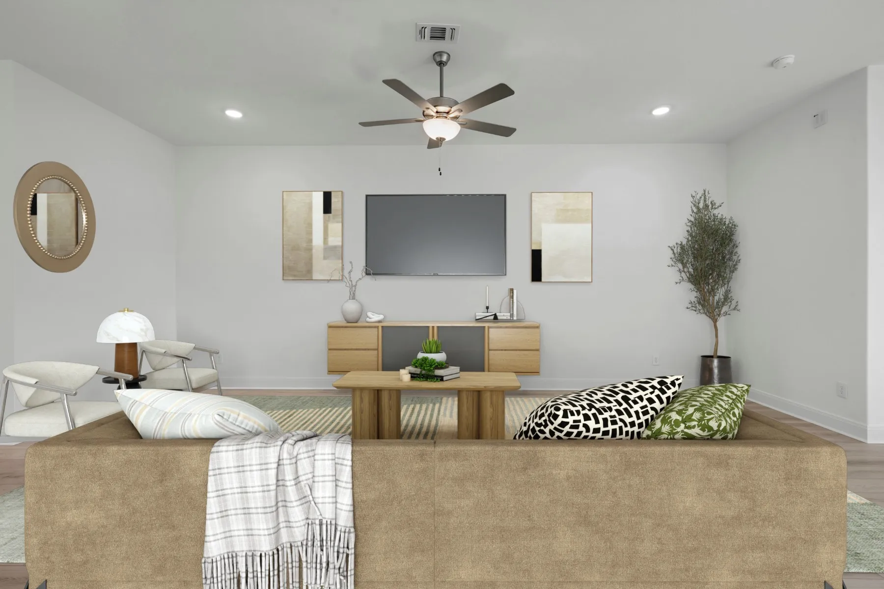 Living area featuring wood finished floors, ceiling fan, and recessed lighting