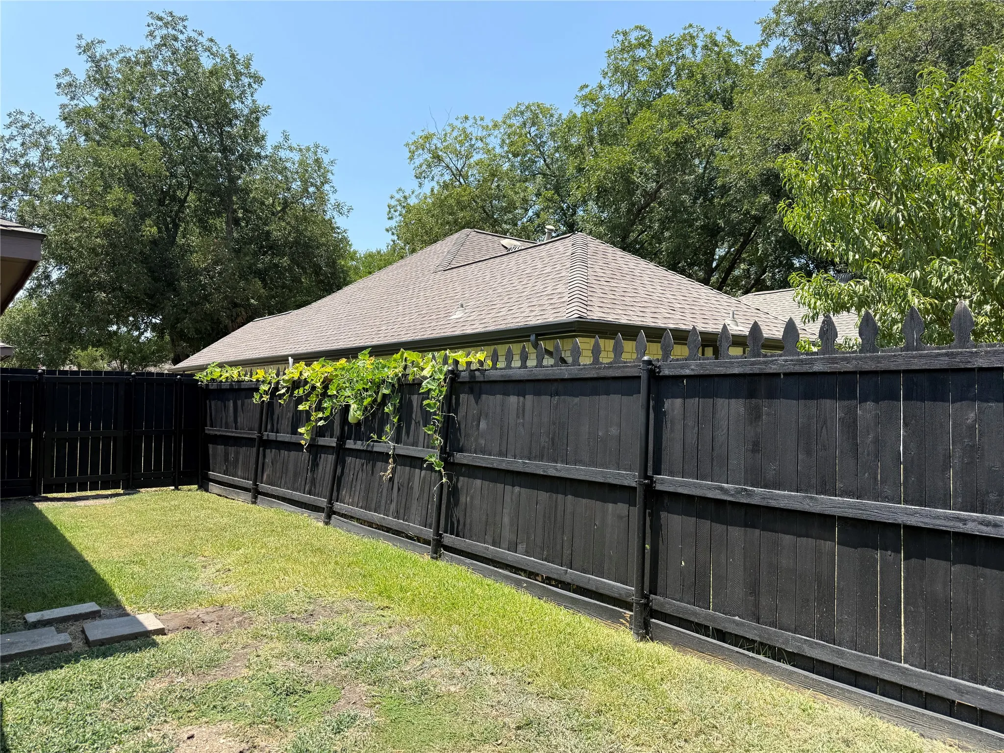 Fenced backyard with established lawn and mature trees