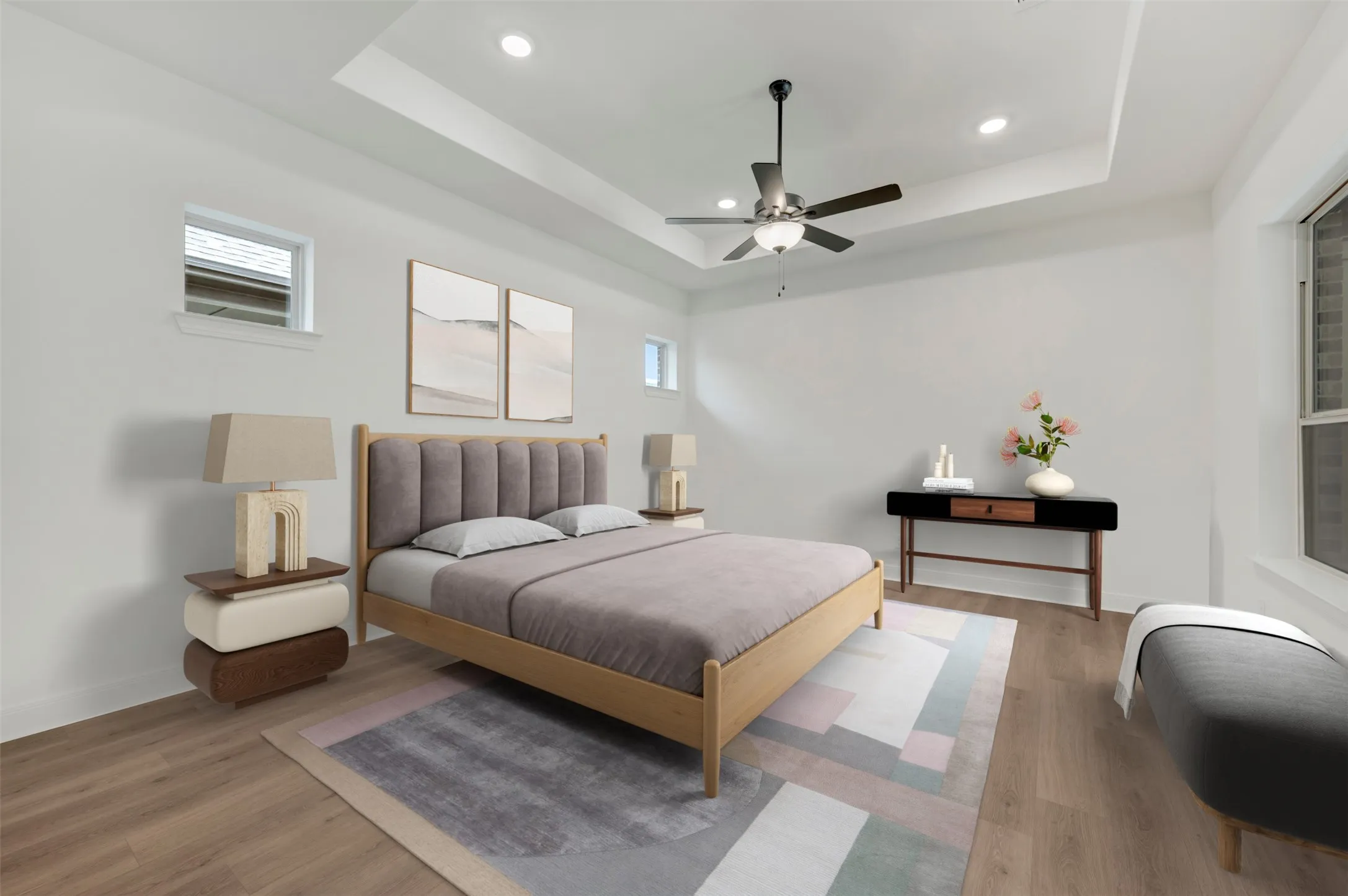 Tray ceiling with recessed lighting and a ceiling fan