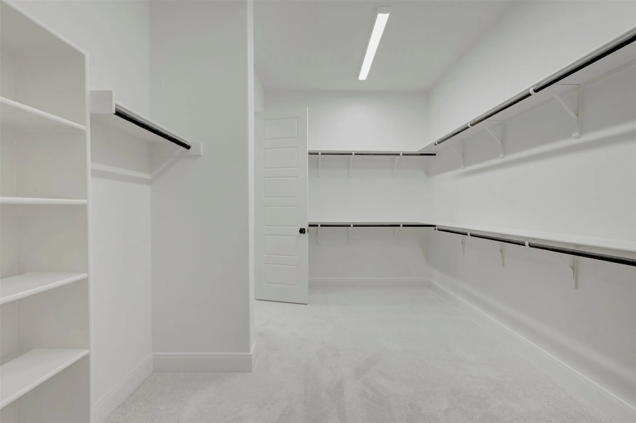 Spacious walk-in closet featuring extensive built-in shelving, multiple hanging rods, clean white walls, light gray carpeting, and recessed ceiling lighting