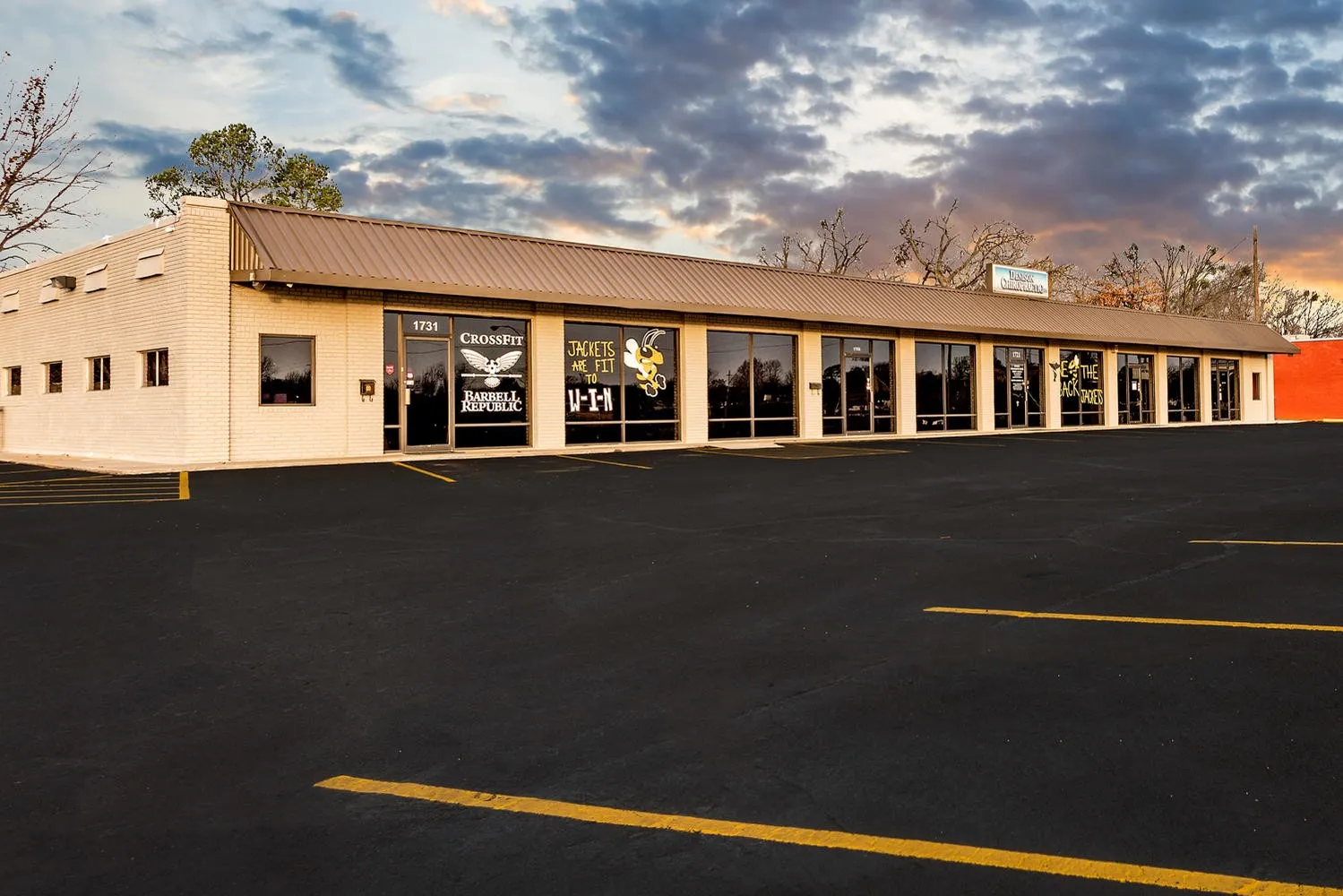 View of parking at dusk