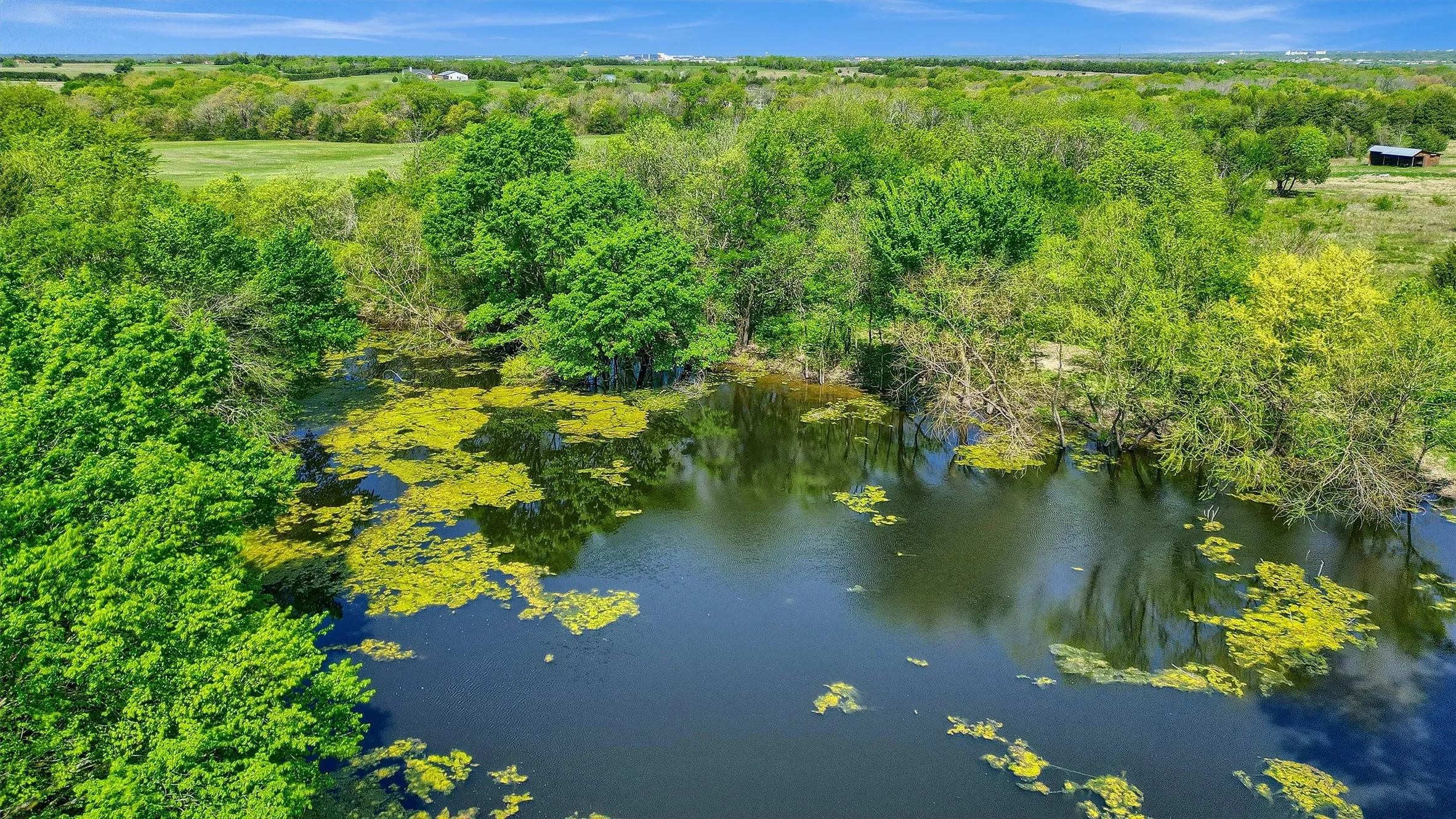 Aerial view with a wooded view and a water view