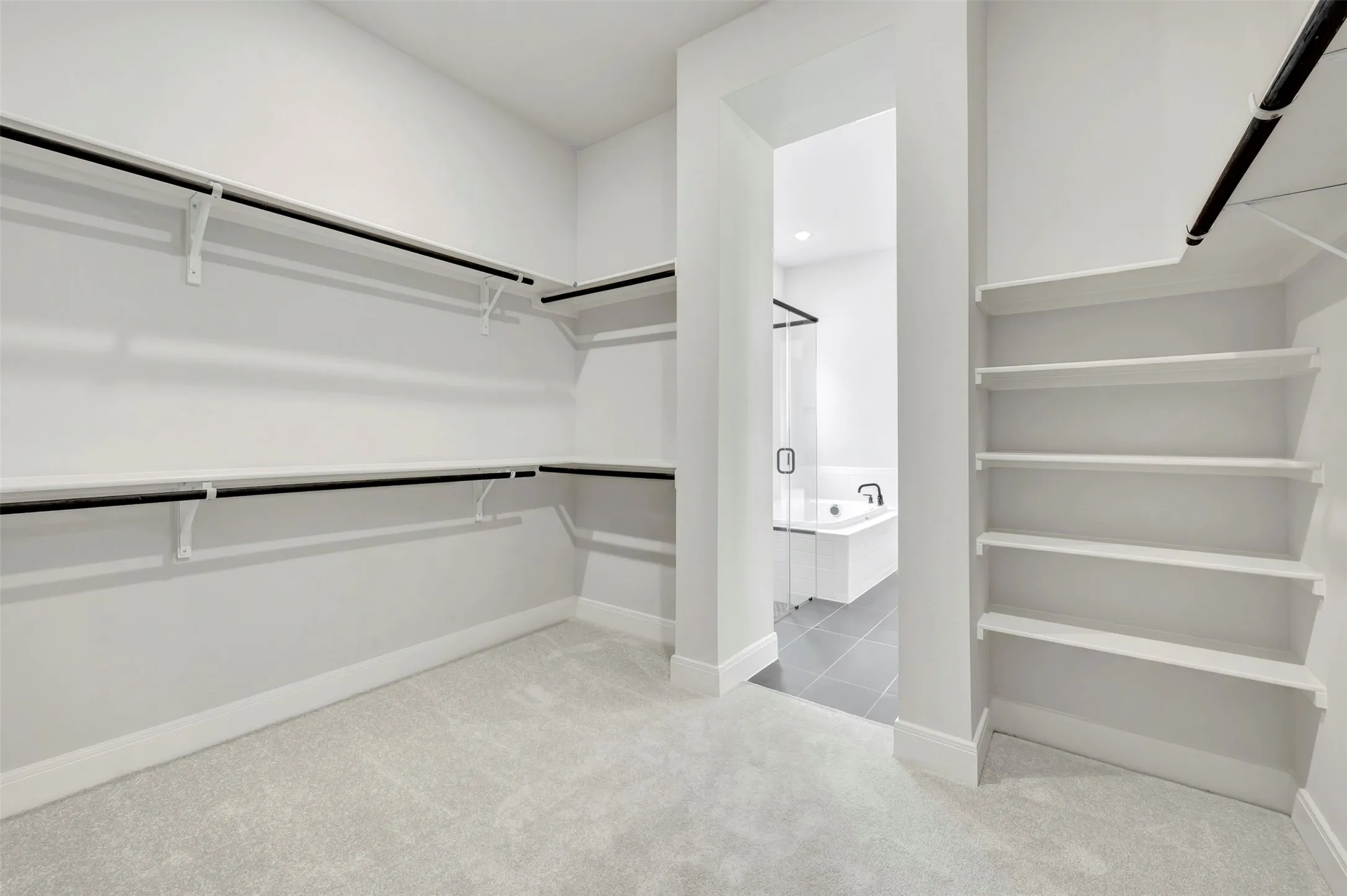 Walk in closet featuring light colored carpet