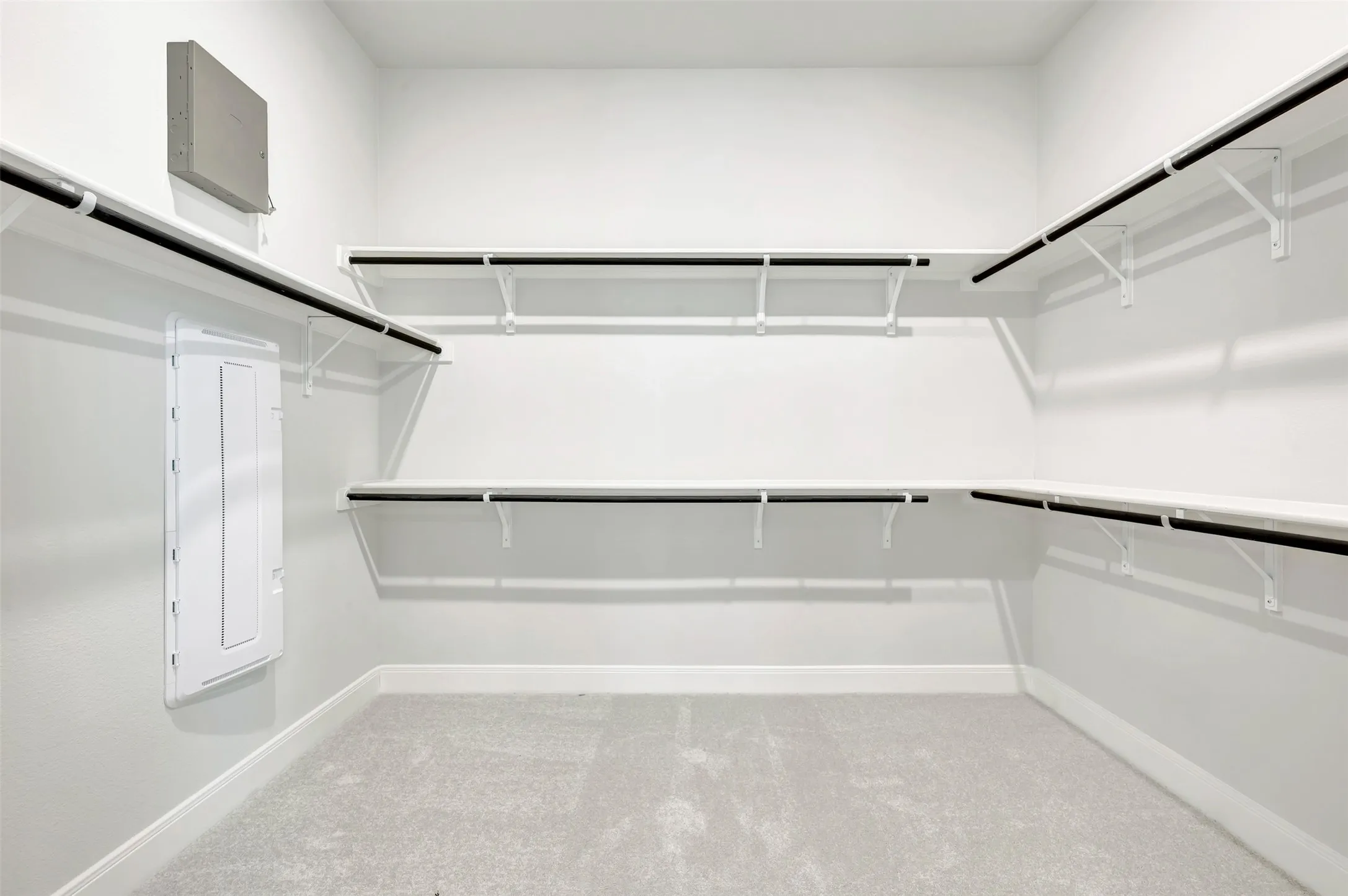 Walk in closet featuring light colored carpet