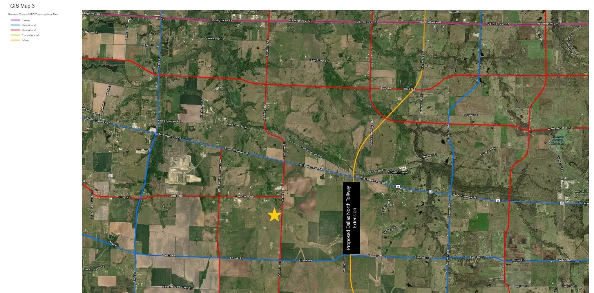Satellite view of parcel with proposed Dallas North Tollway Extension.