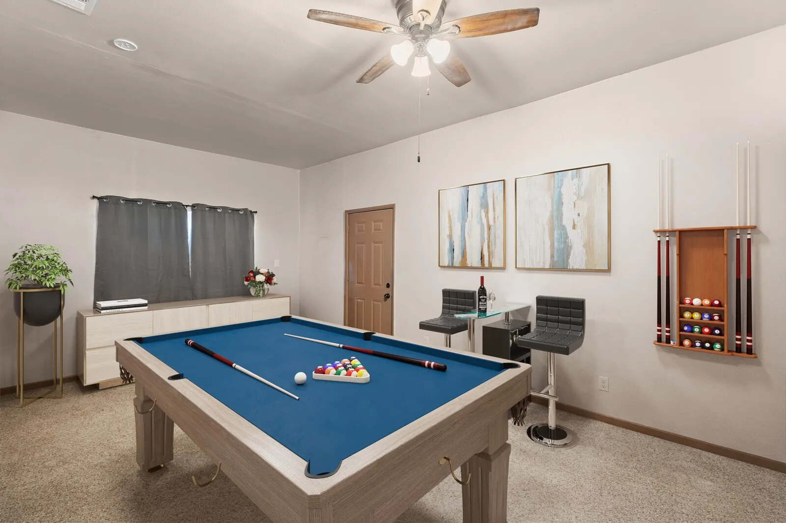 Rec room with billiards, ceiling fan, and light colored carpet(virtual photo used to demonstrate spacing and room size.)