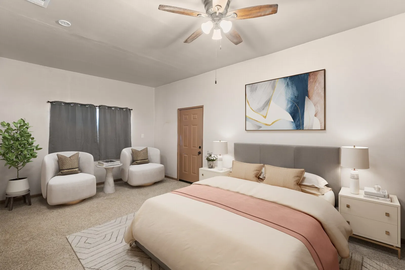 Carpeted bedroom featuring ceiling fan(virtual photo used to demonstrate spacing and room size.)