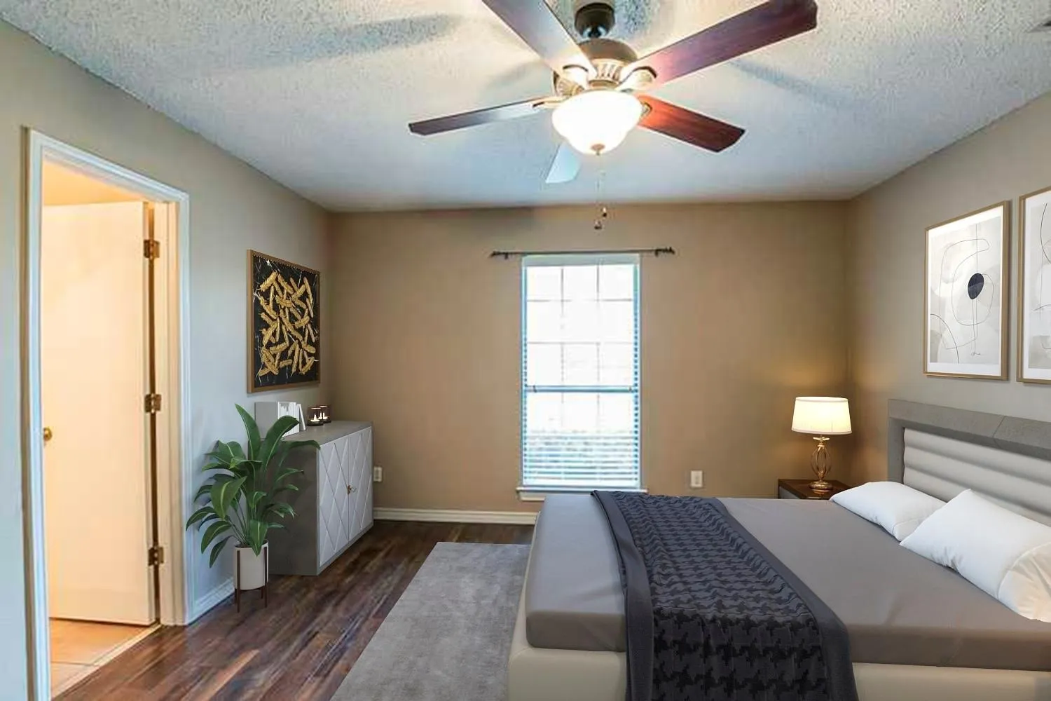 Bedroom featuring a textured ceiling, dark wood-style floors, and ceiling fan