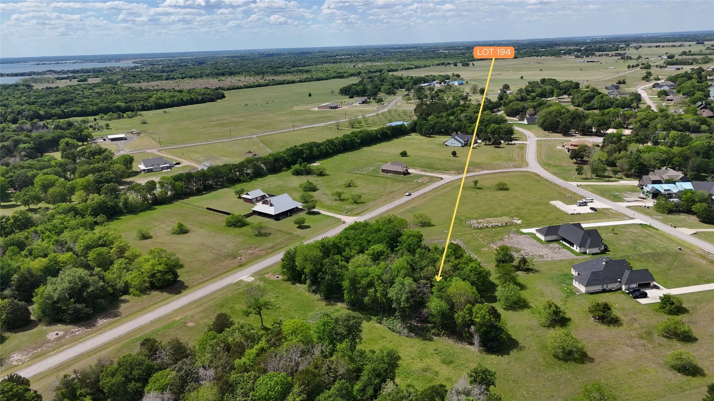 This elevated perspective highlights Lot 194 within The Shores and the open countryside surrounding the Richland Chambers Lake area.